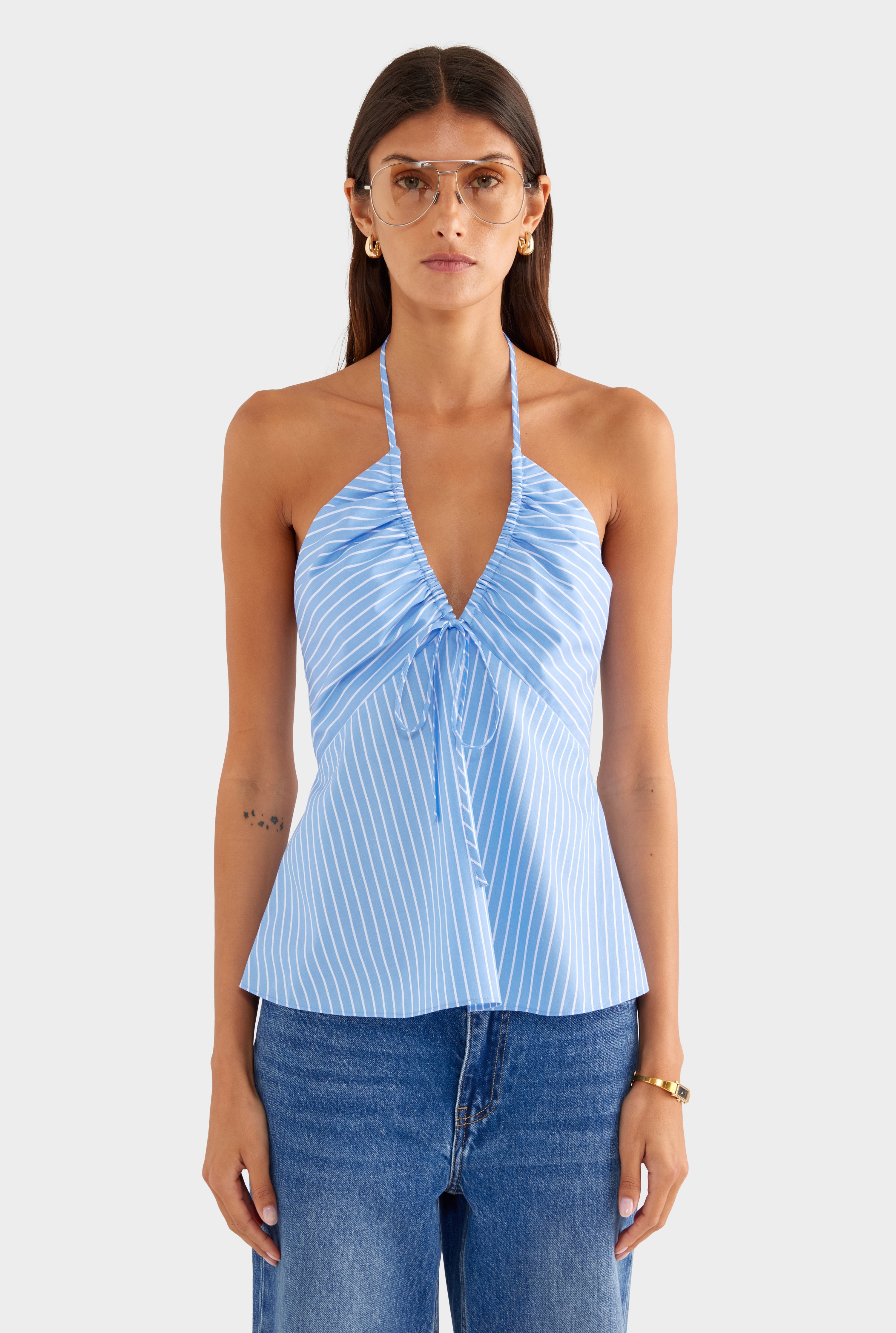 Drawstring Cotton Halter Top - Blue/White Stripe