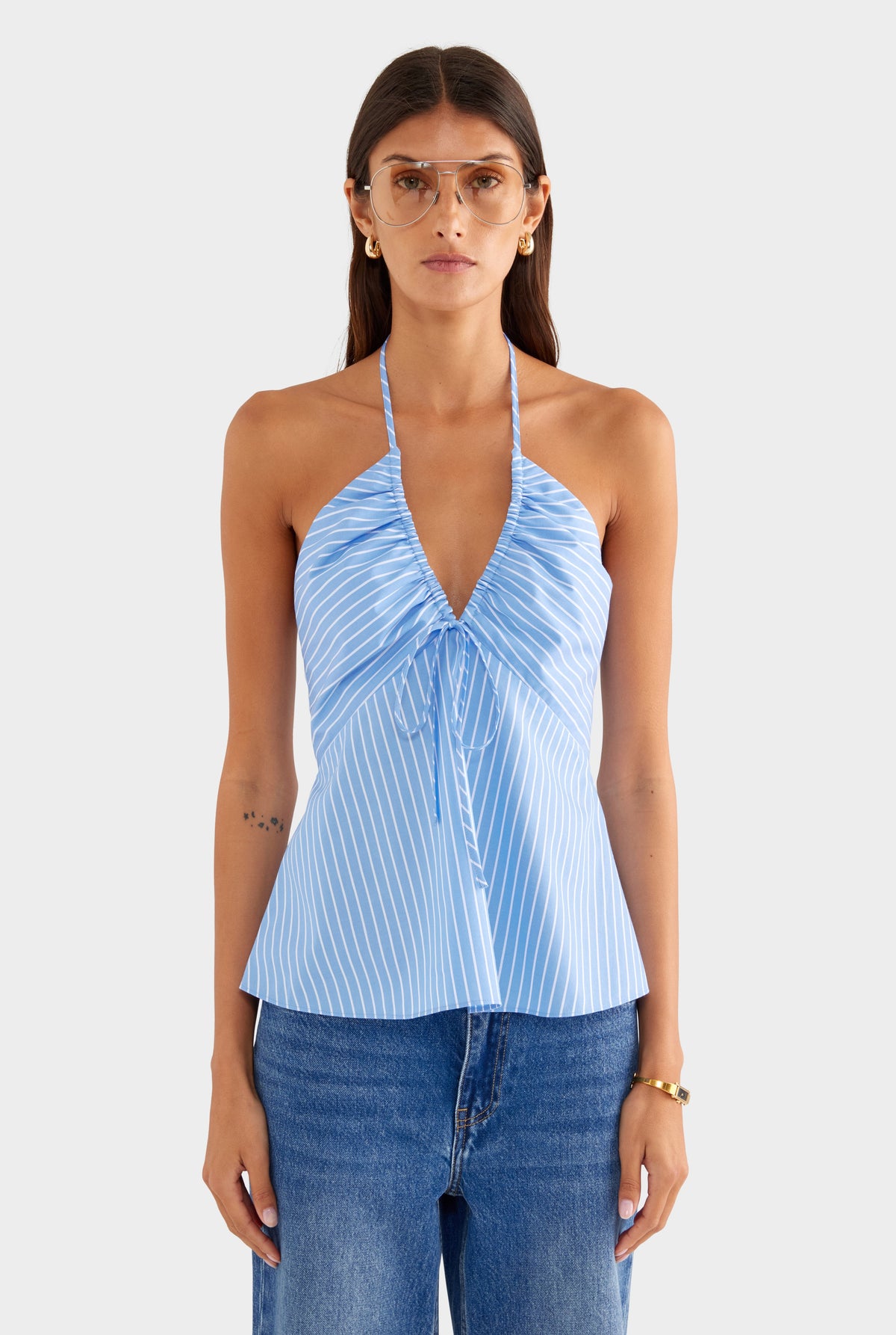 Drawstring Cotton Halter Top - Blue/White Stripe