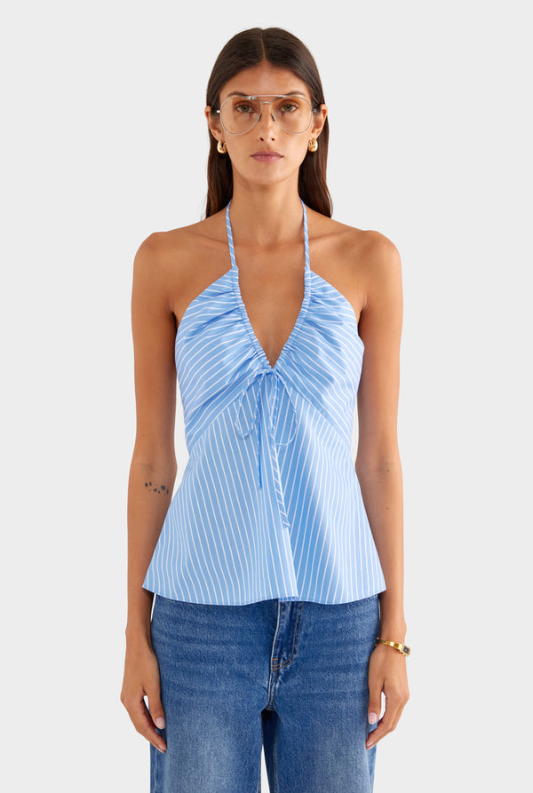 Drawstring Cotton Halter Top - Blue/White Stripe