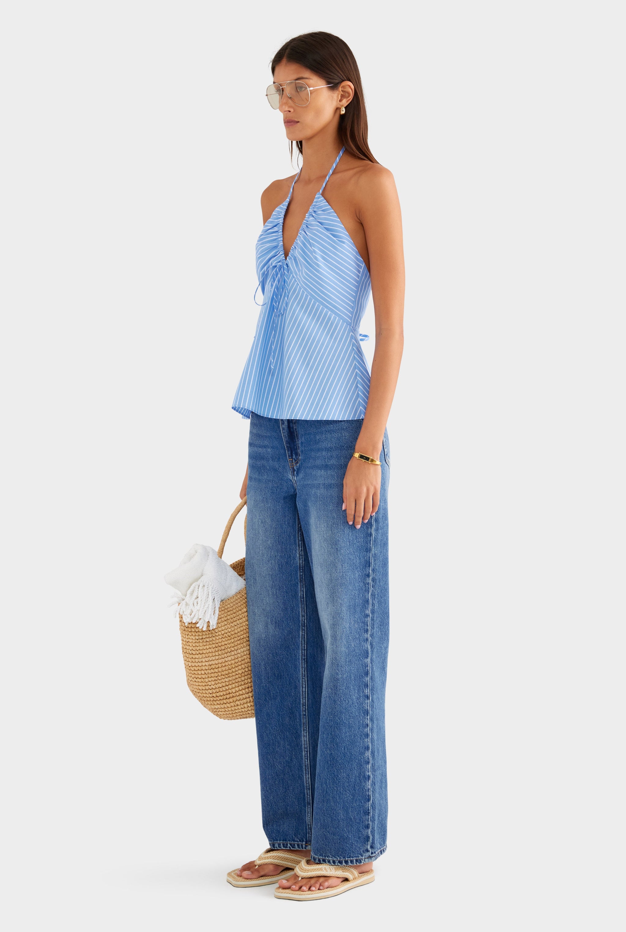 Drawstring Cotton Halter Top - Blue/White Stripe