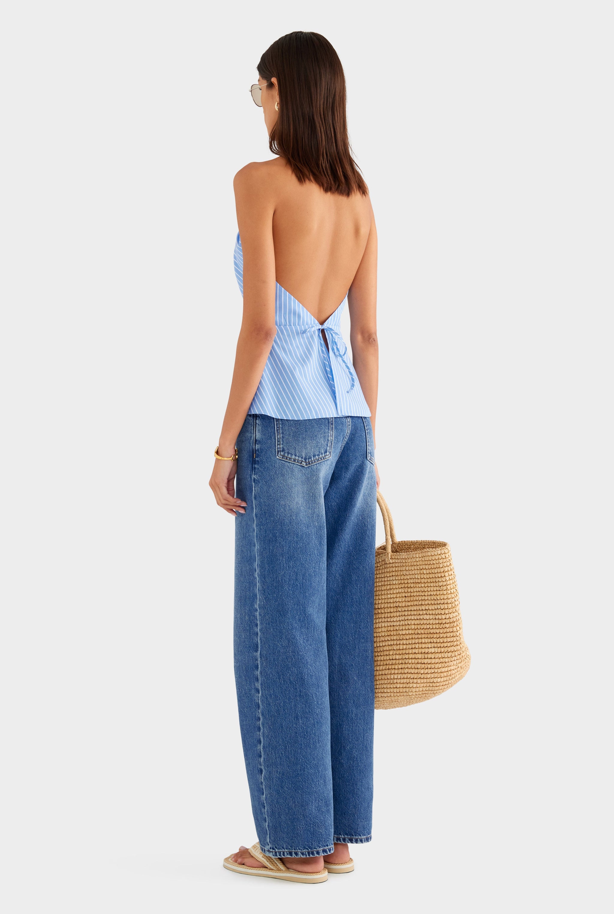 Drawstring Cotton Halter Top - Blue/White Stripe