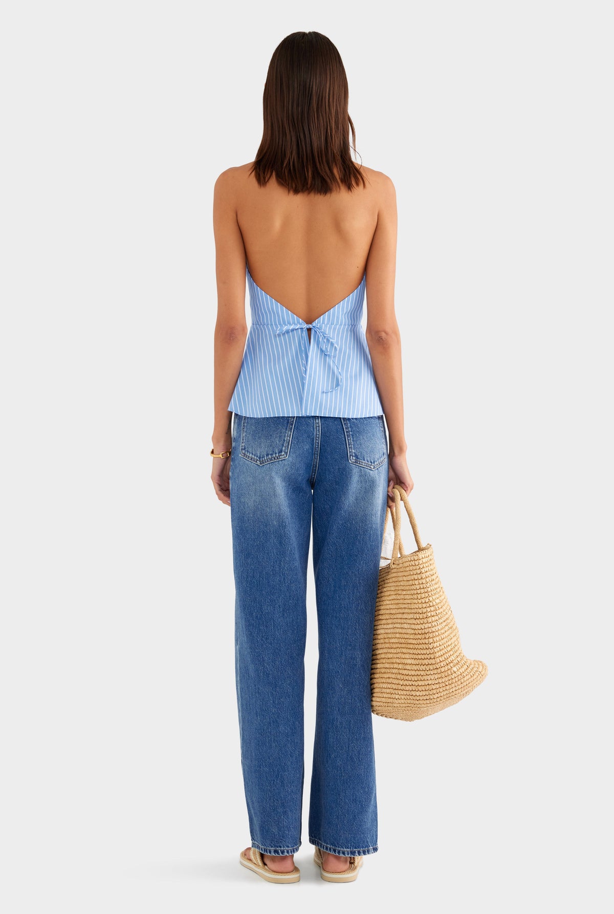 Drawstring Cotton Halter Top - Blue/White Stripe