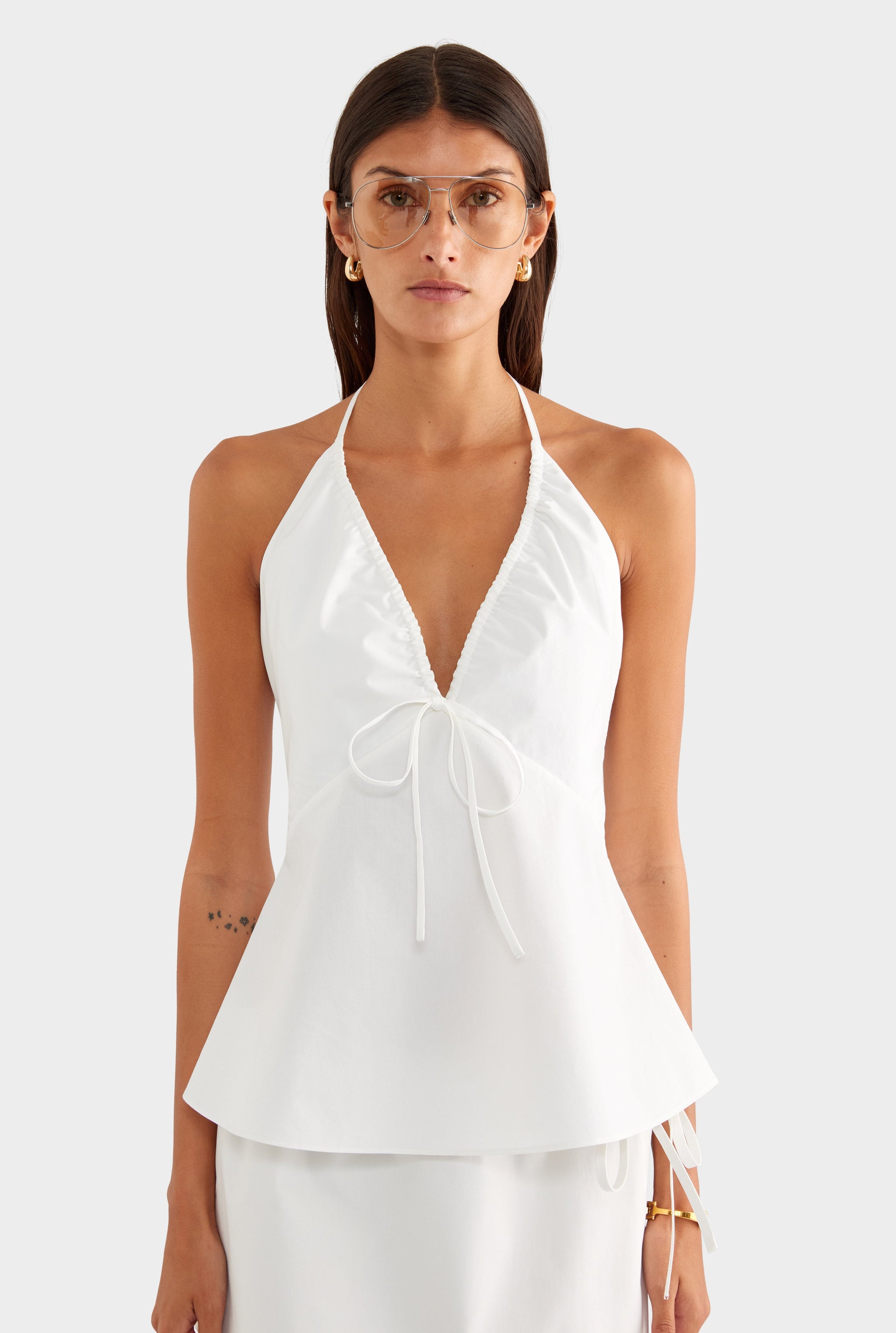 Drawstring Cotton Halter Top - White
