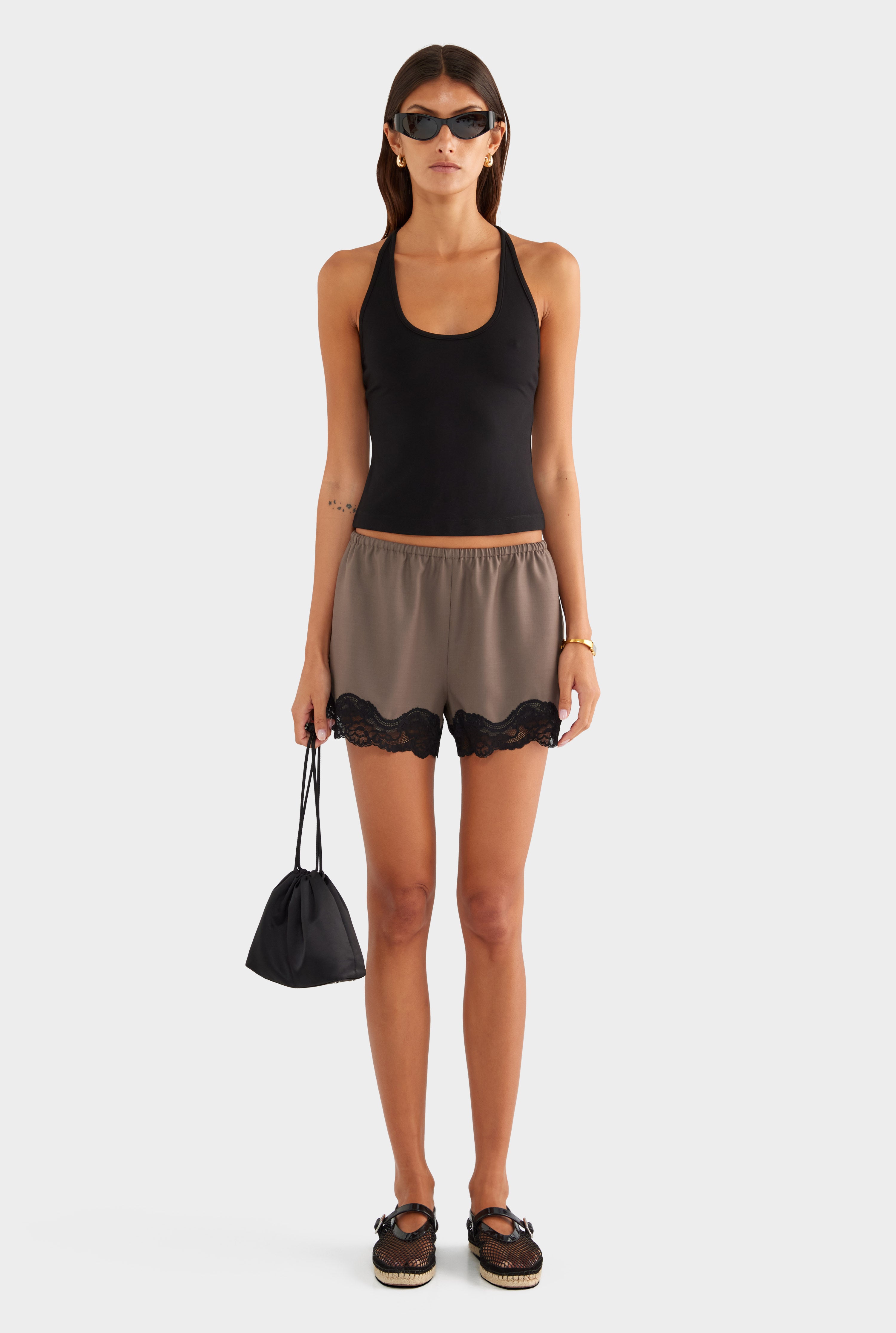 Wool Lace Trim Short - Mocha