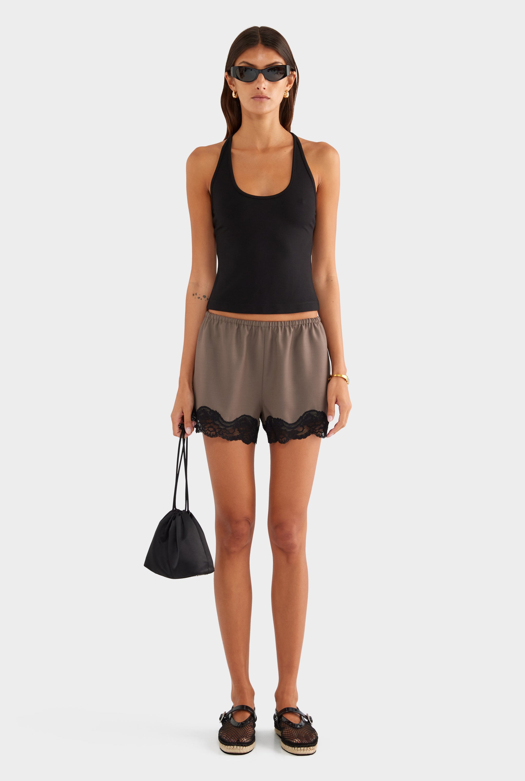 Wool Lace Trim Short - Mocha