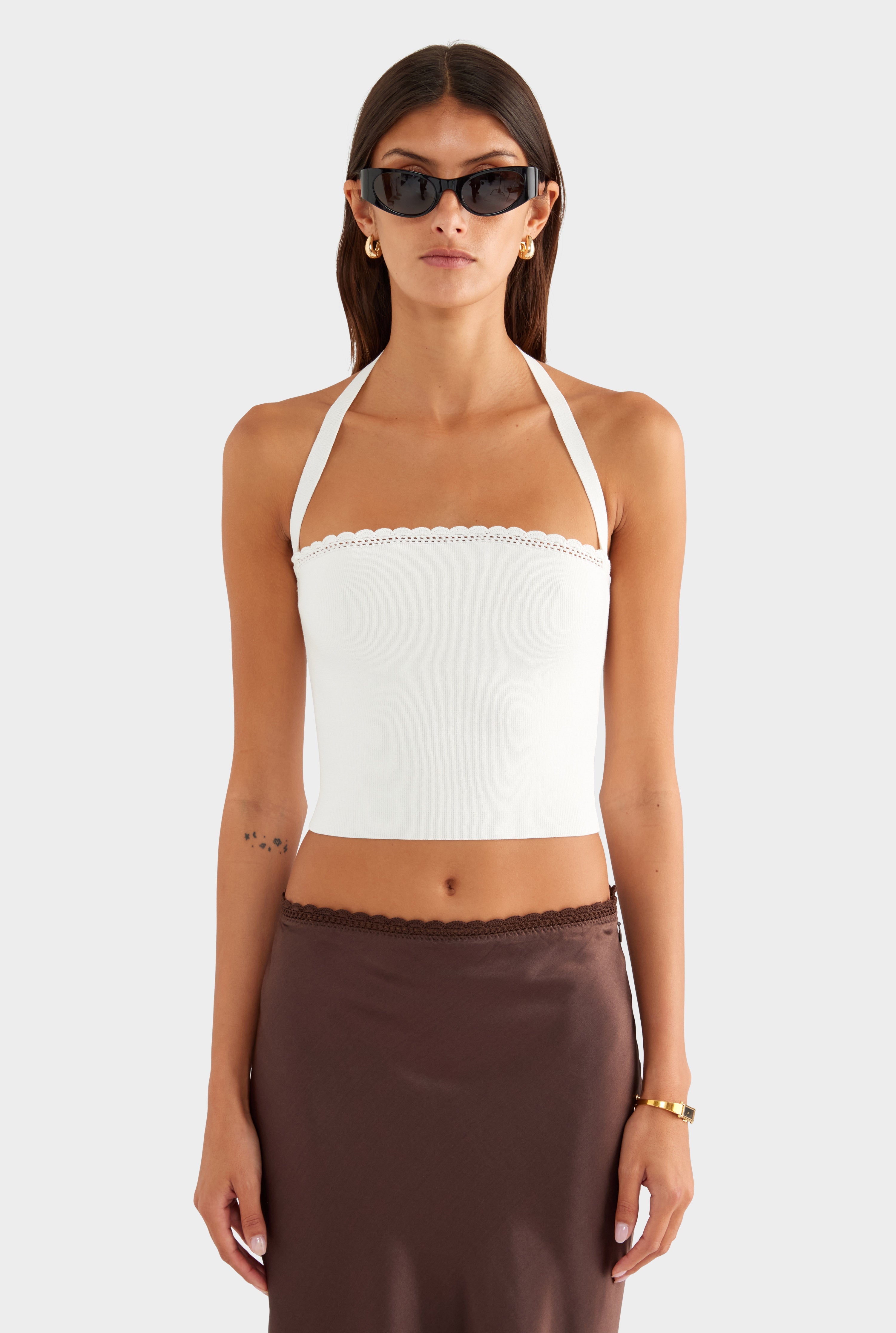 Crochet Trim Knit Halter - Off White