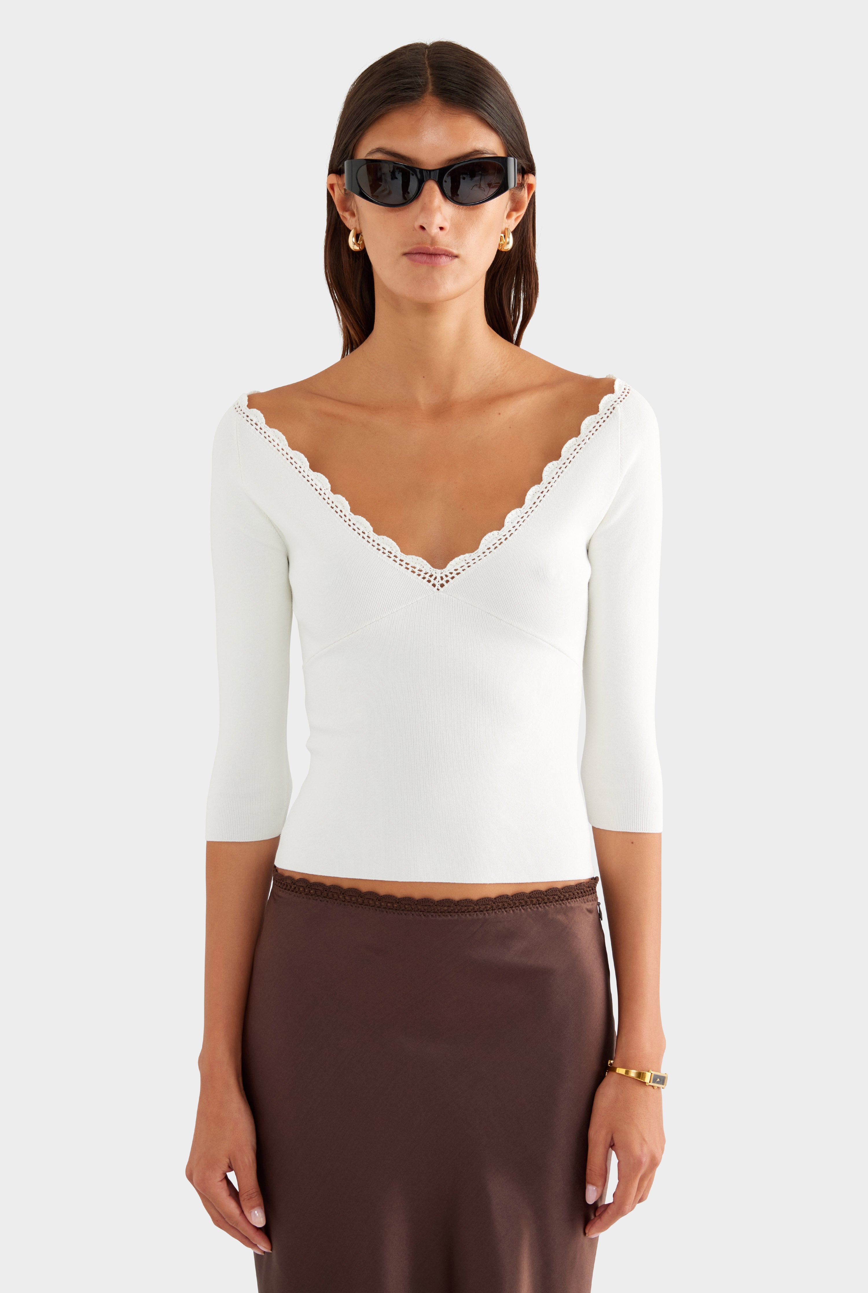 Crochet Trim 3/4 Sleeve Knit Top - Off White