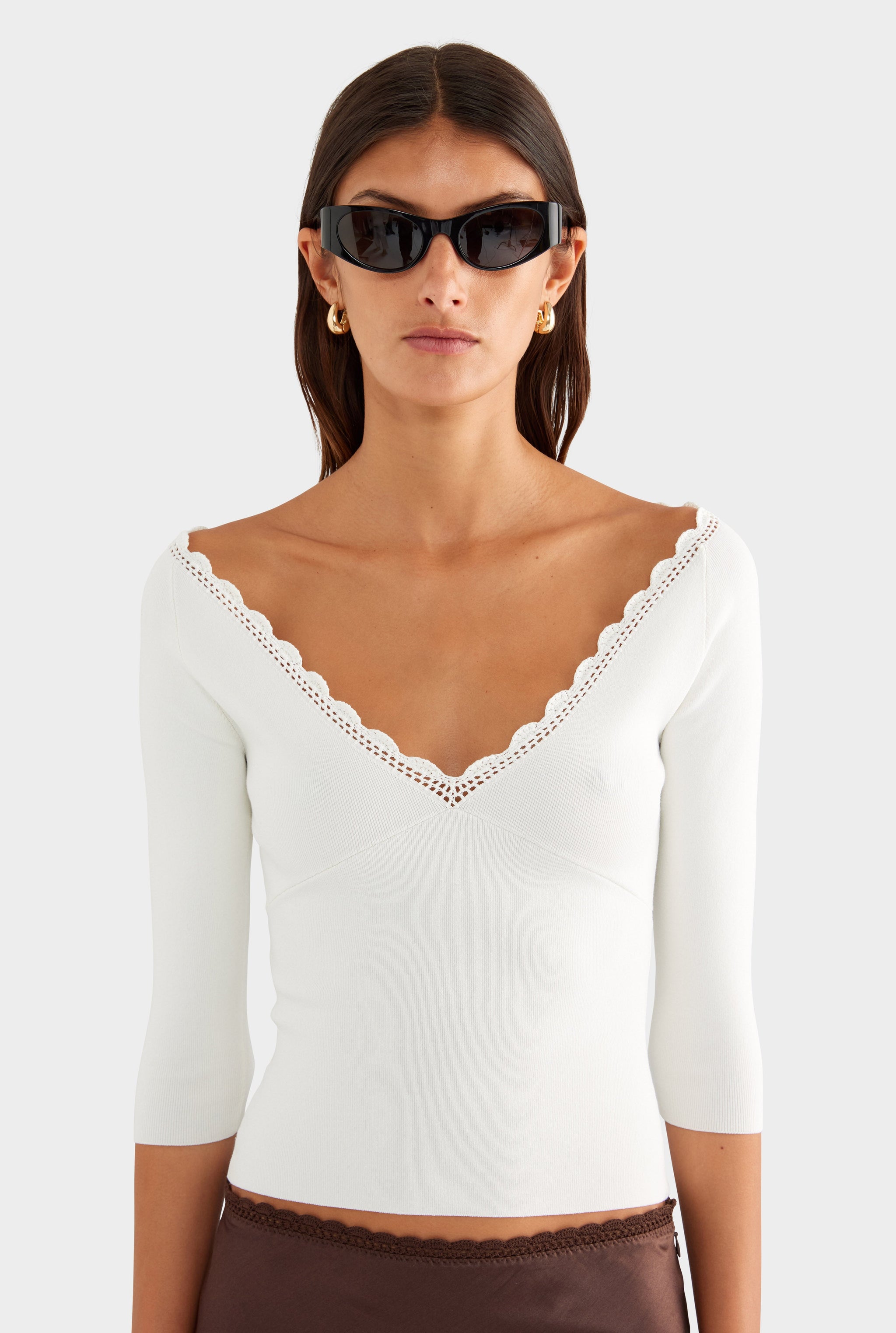 Crochet Trim 3/4 Sleeve Knit Top - Off White