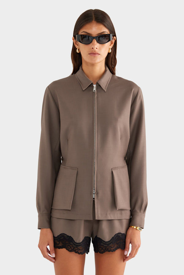 Tailored Wool Zip Suit Jacket - Mocha