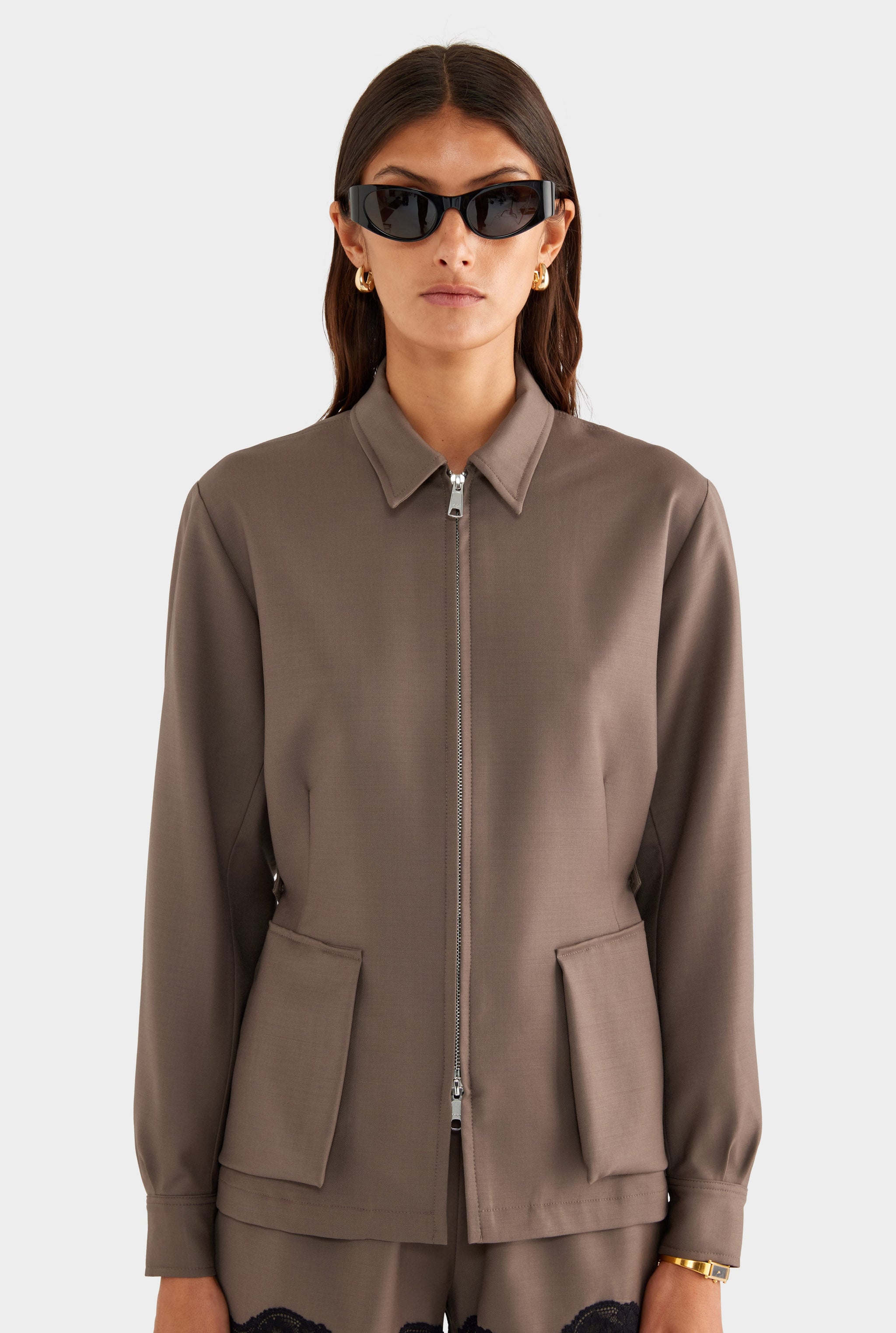 Tailored Wool Zip Suit Jacket - Mocha
