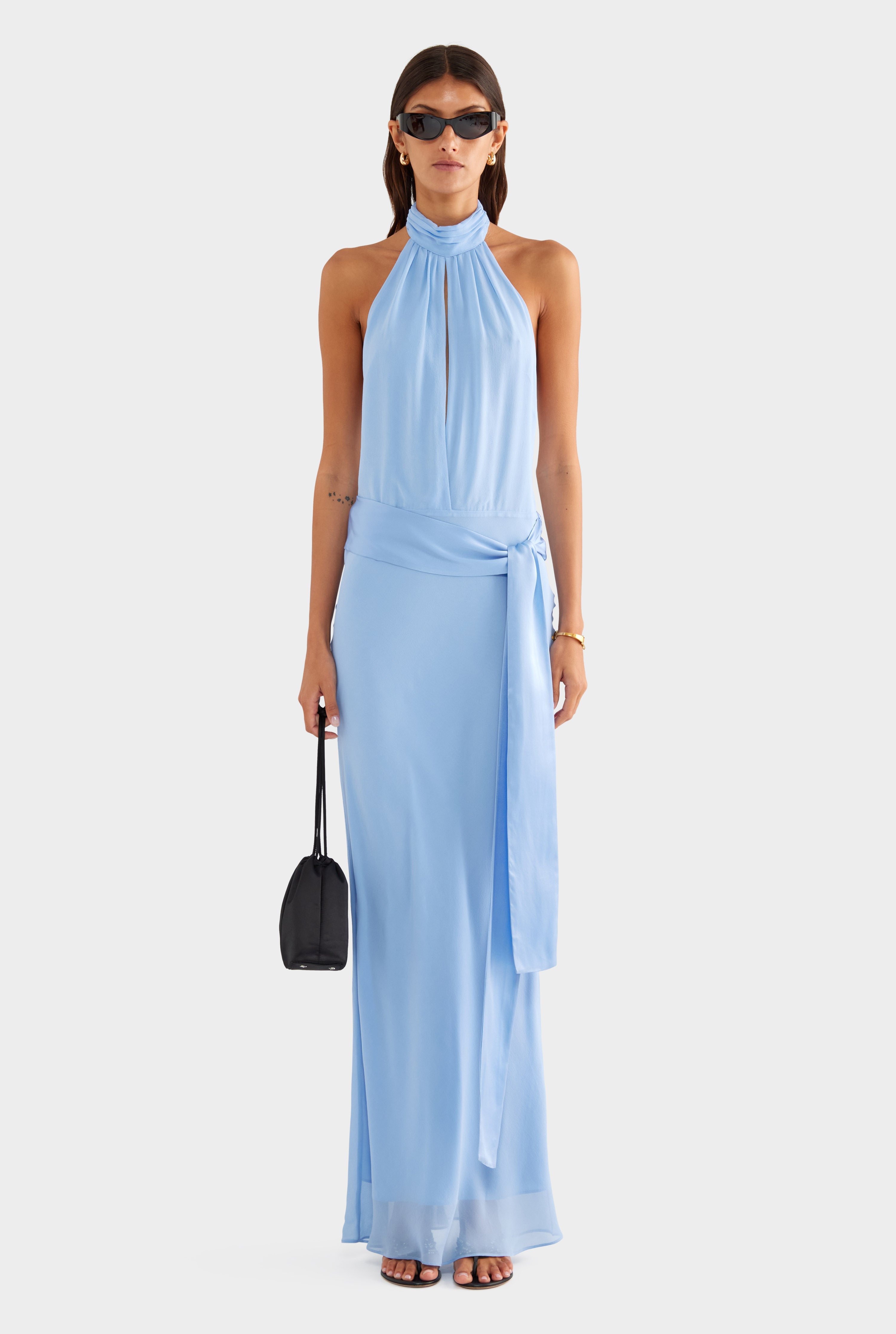 Silk High Neck Sash Dress - French Blue