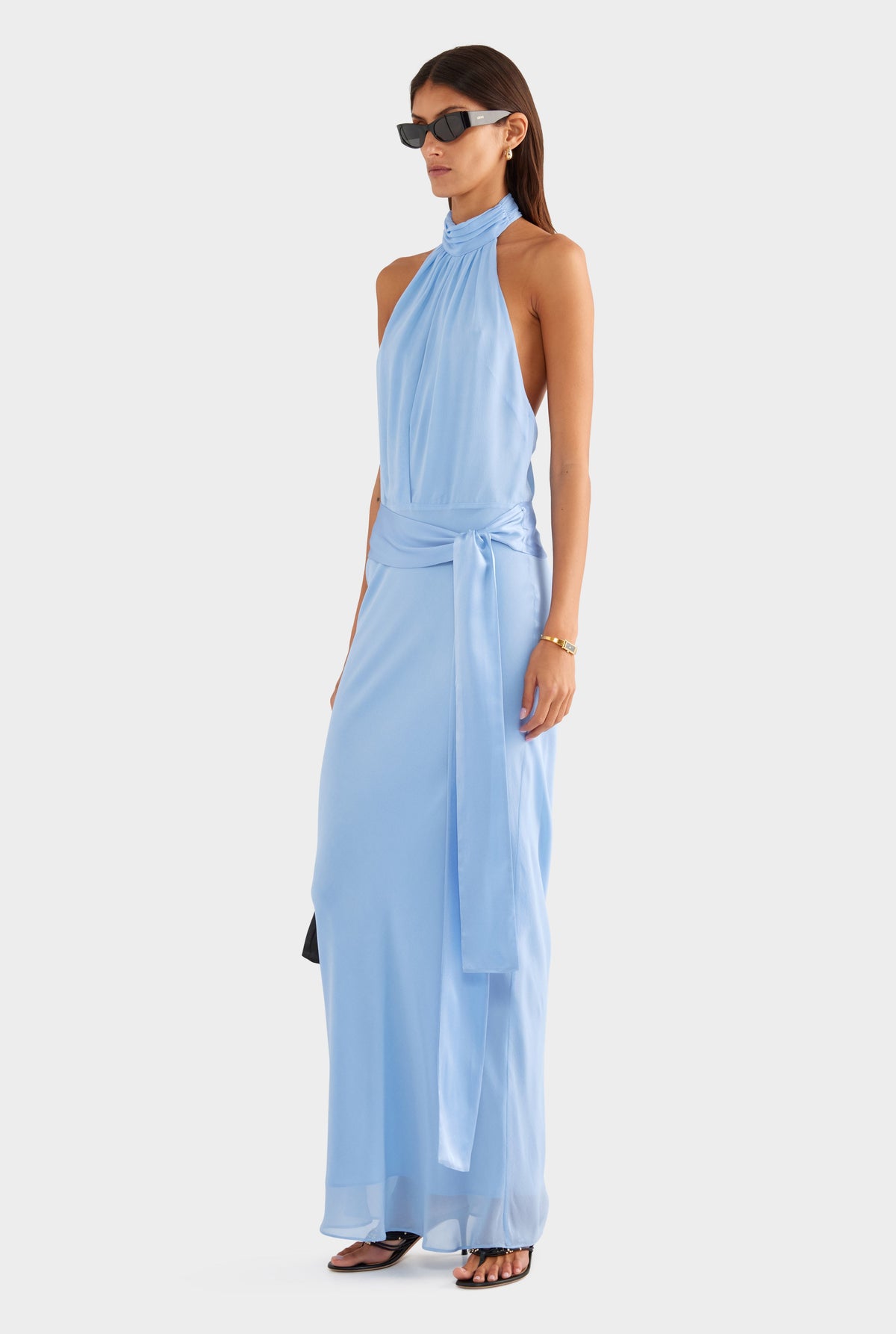 Silk High Neck Sash Dress - French Blue