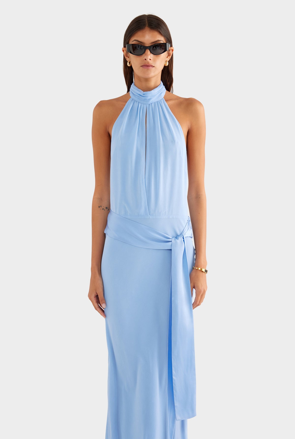 Silk High Neck Sash Dress - French Blue