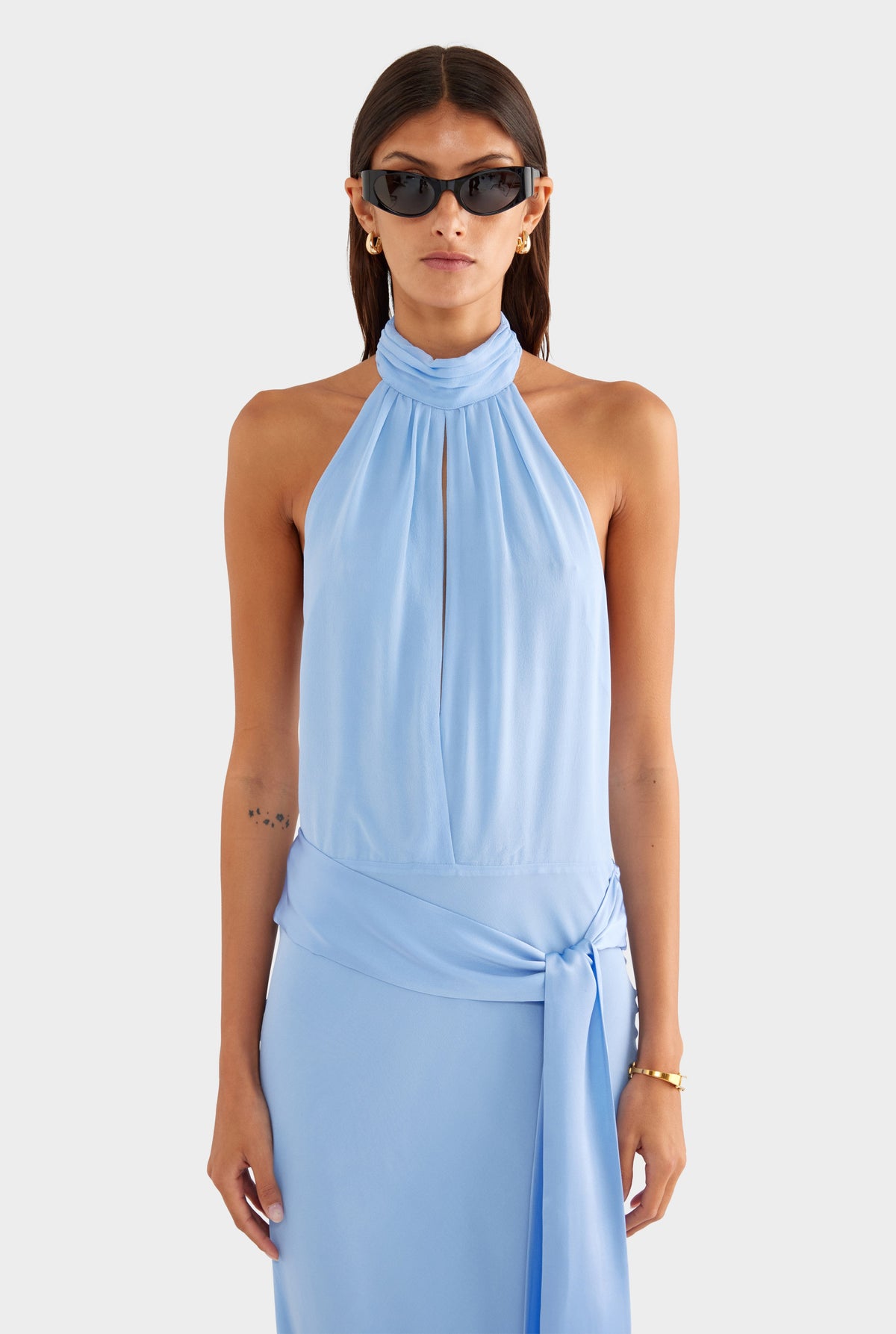 Silk High Neck Sash Dress - French Blue