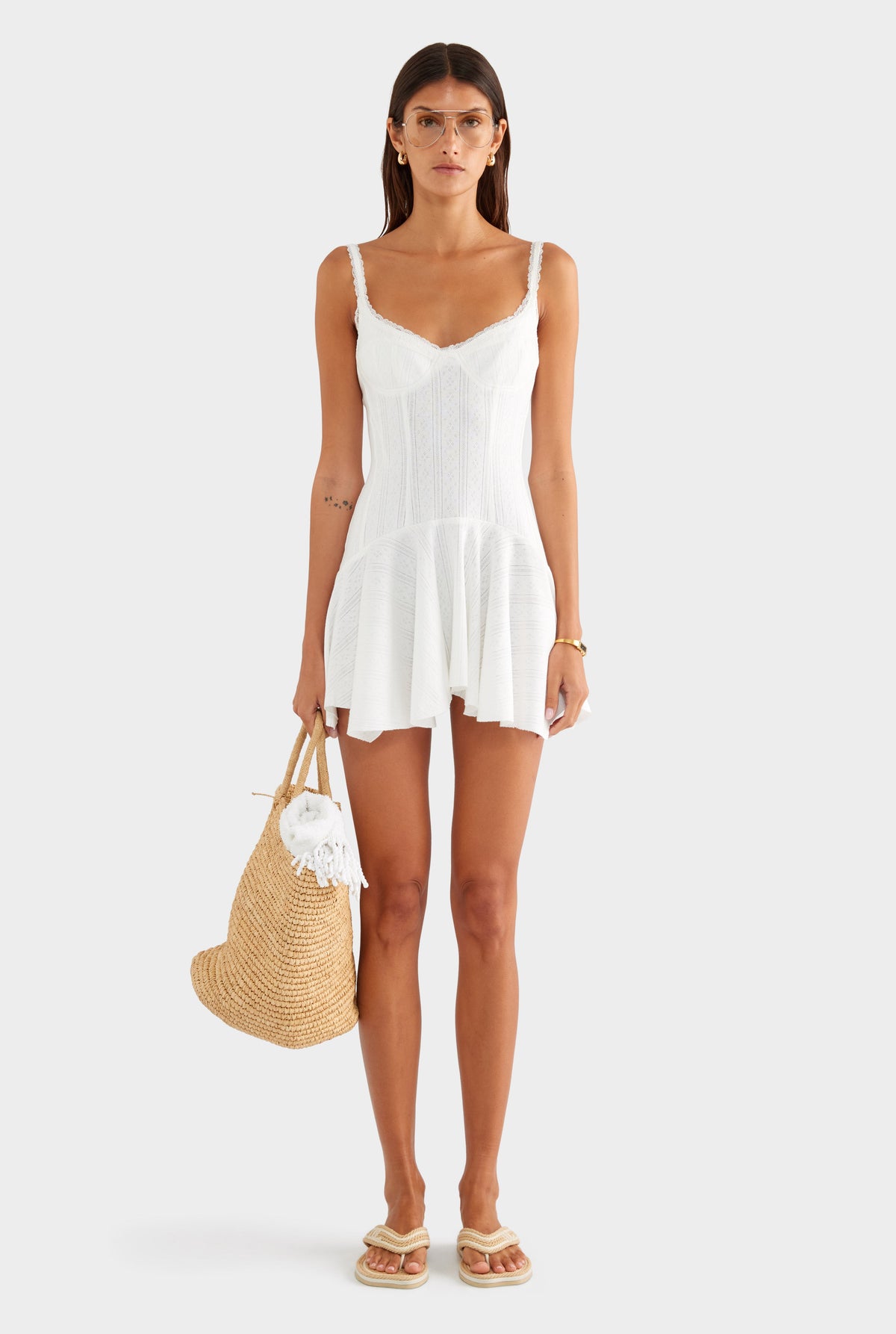 Pointelle Handkerchief Mini Dress - White
