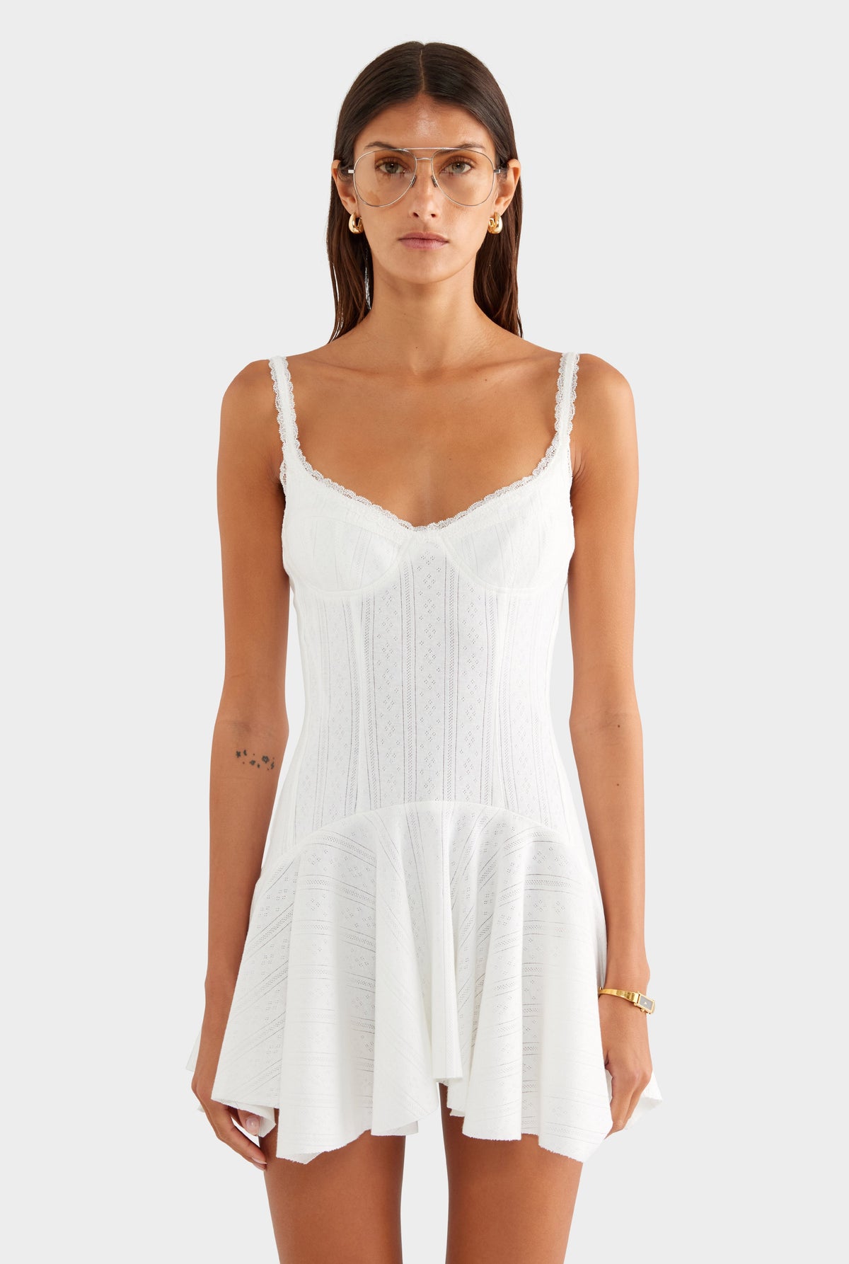 Pointelle Handkerchief Mini Dress - White