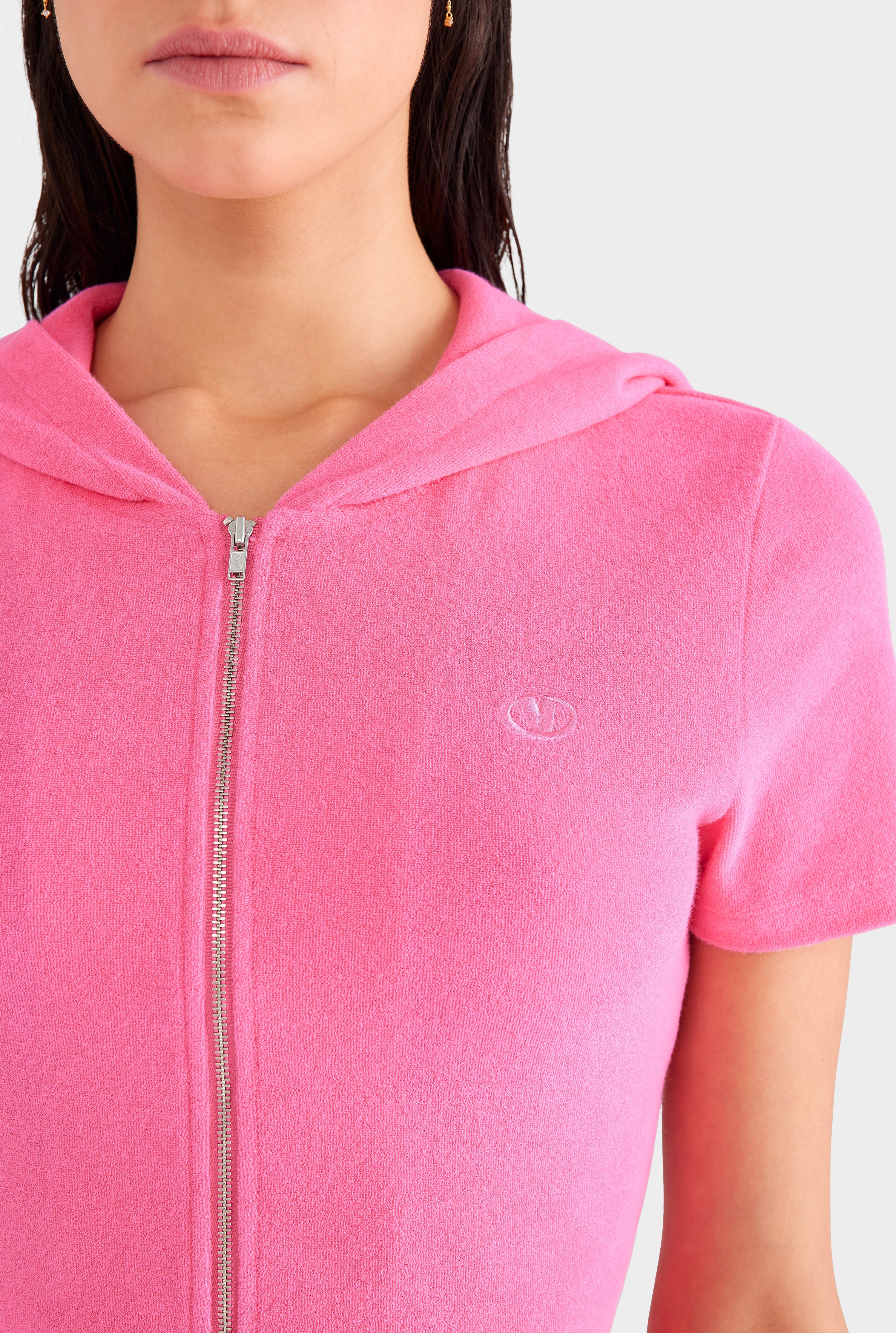 Short Sleeve Cropped Terry Jacket - Hot Pink