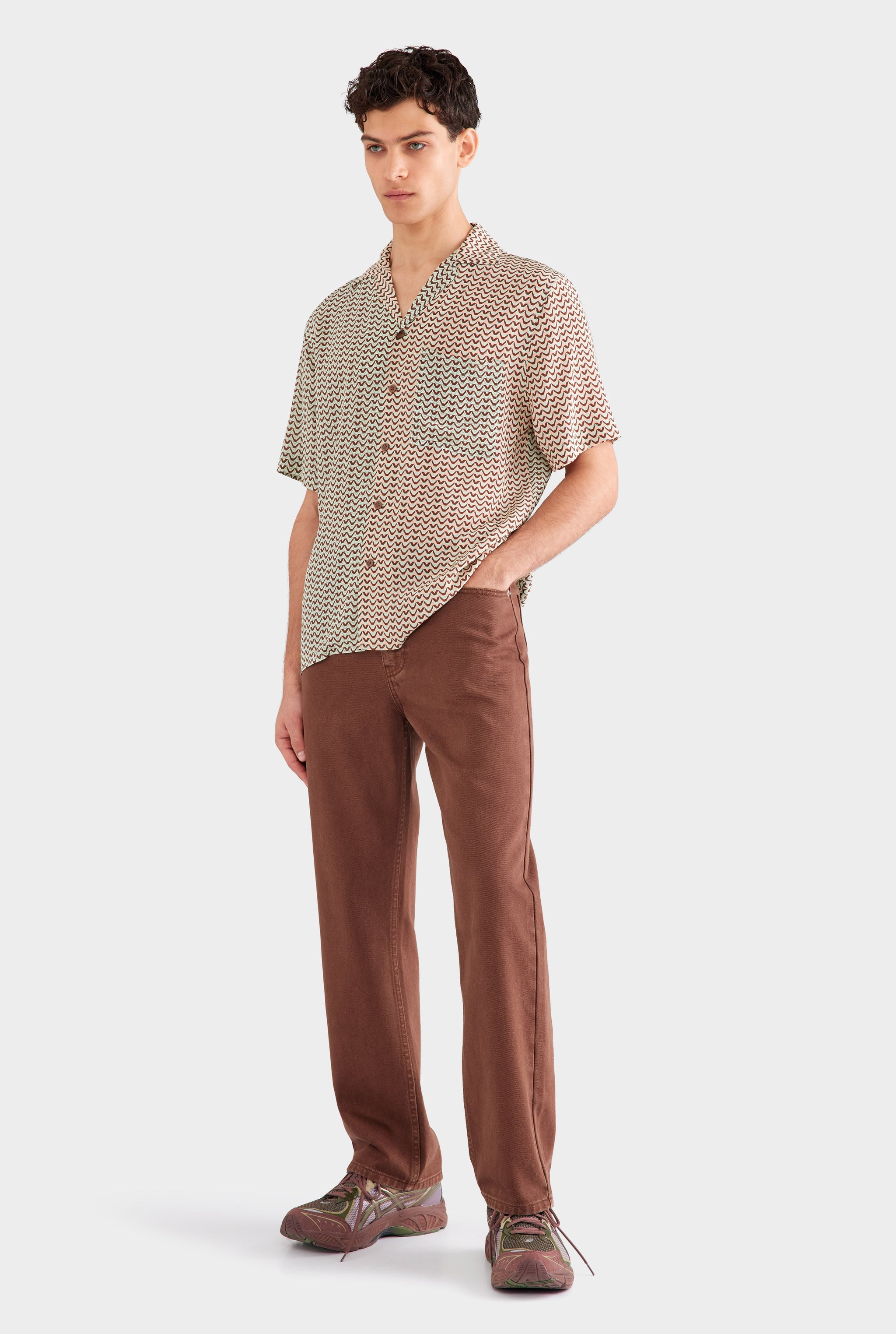 Short Sleeve Silk Camp Collar Shirt - Pale Aqua/Peach Spliced V Monogram