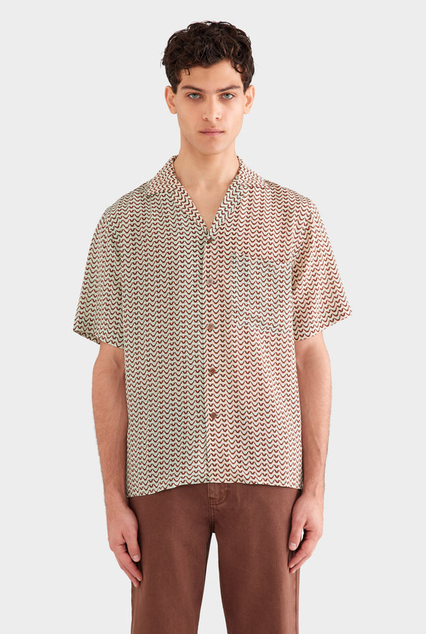 Short Sleeve Silk Camp Collar Shirt - Pale Aqua/Peach Spliced V Monogram