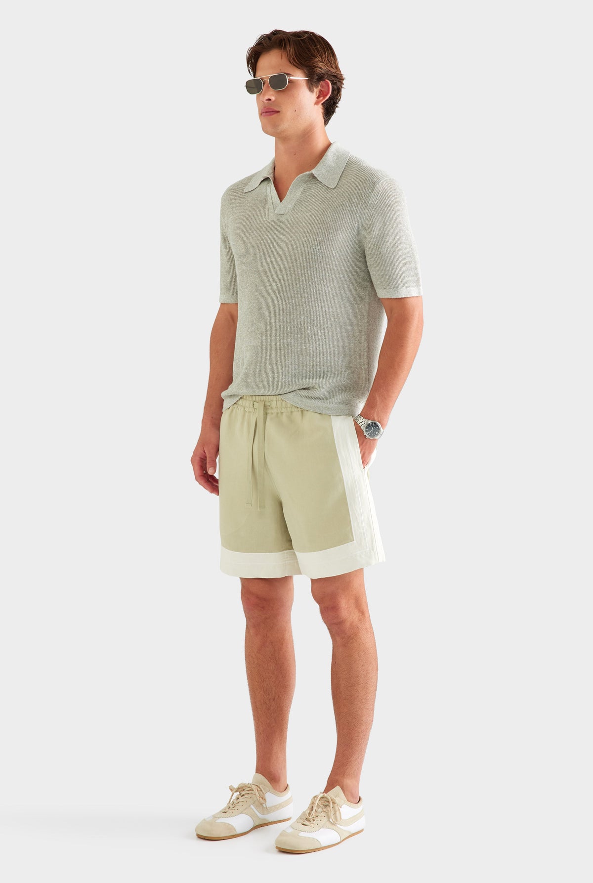 Panelled Applique Border Silk Linen Short - Stone Green/Cream [[AU_MEDIA:gid://shopify/MediaImage/27760450601047]]