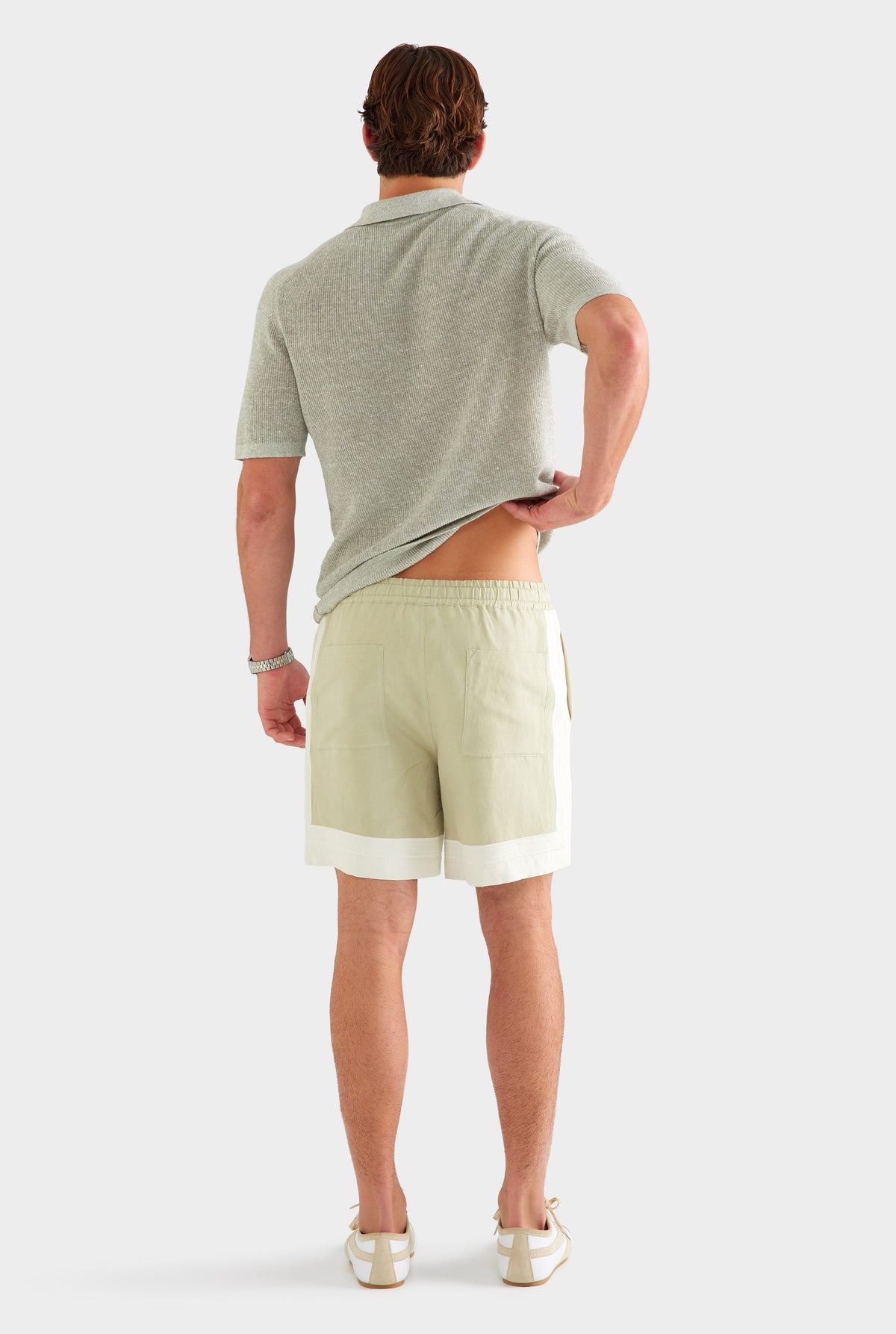 Panelled Applique Border Silk Linen Short - Stone Green/Cream [[AU_MEDIA:gid://shopify/MediaImage/27760450666583]]