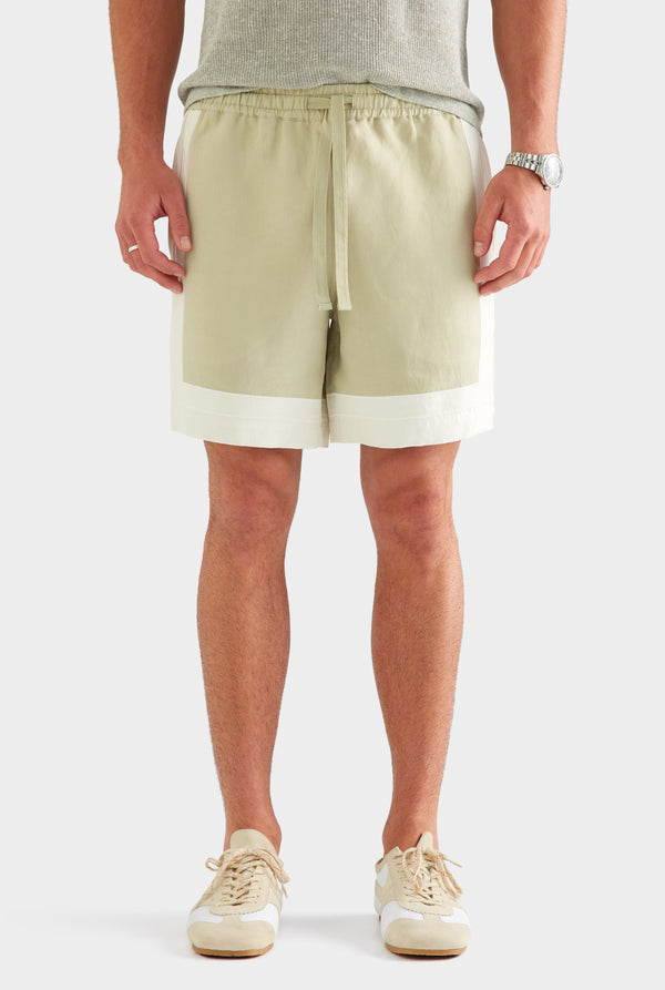Panelled Applique Border Silk Linen Short - Stone Green/Cream [[AU_MEDIA:gid://shopify/MediaImage/27760450404439]]