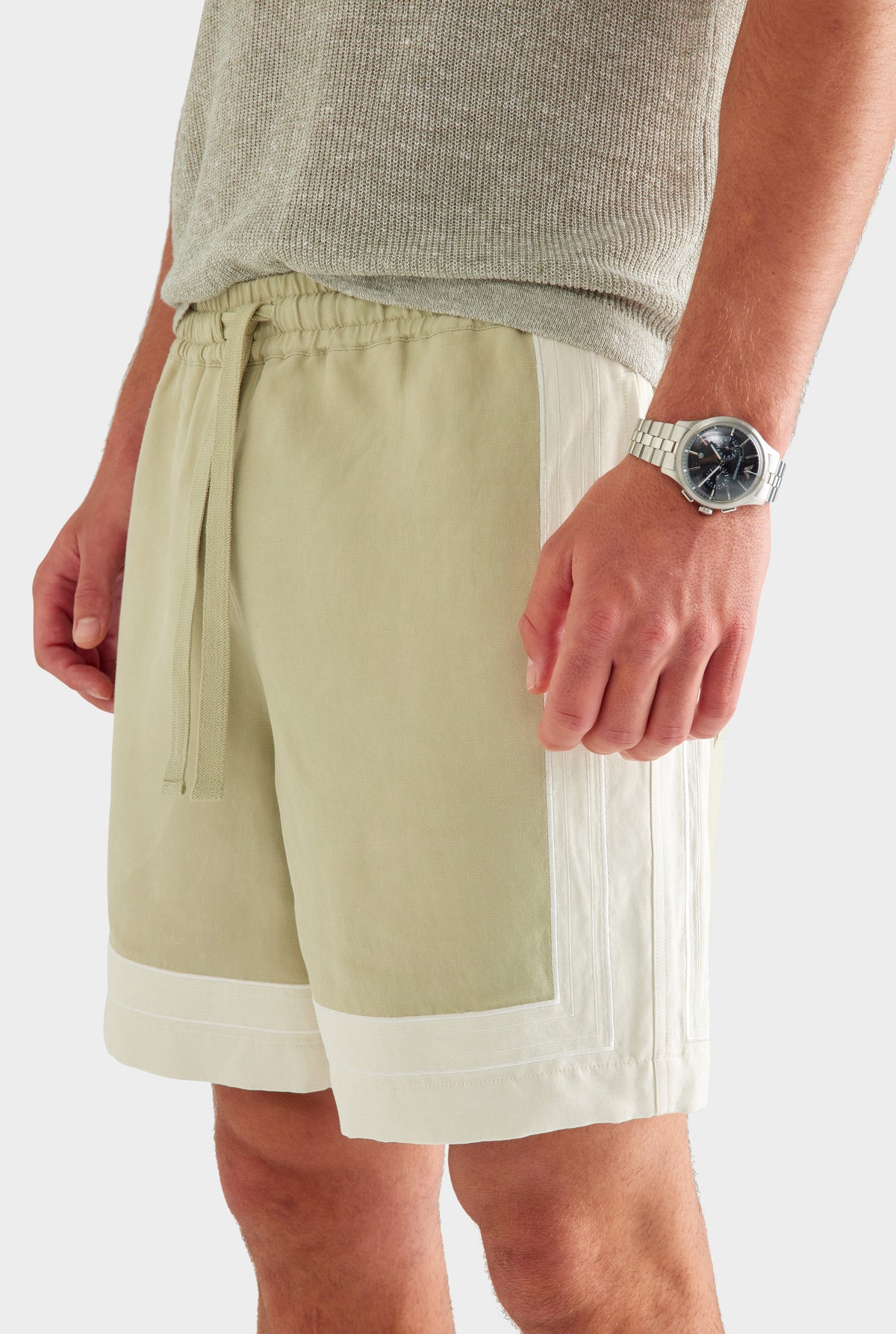 Panelled Applique Border Silk Linen Short - Stone Green/Cream [[AU_MEDIA:gid://shopify/MediaImage/27760450469975]]