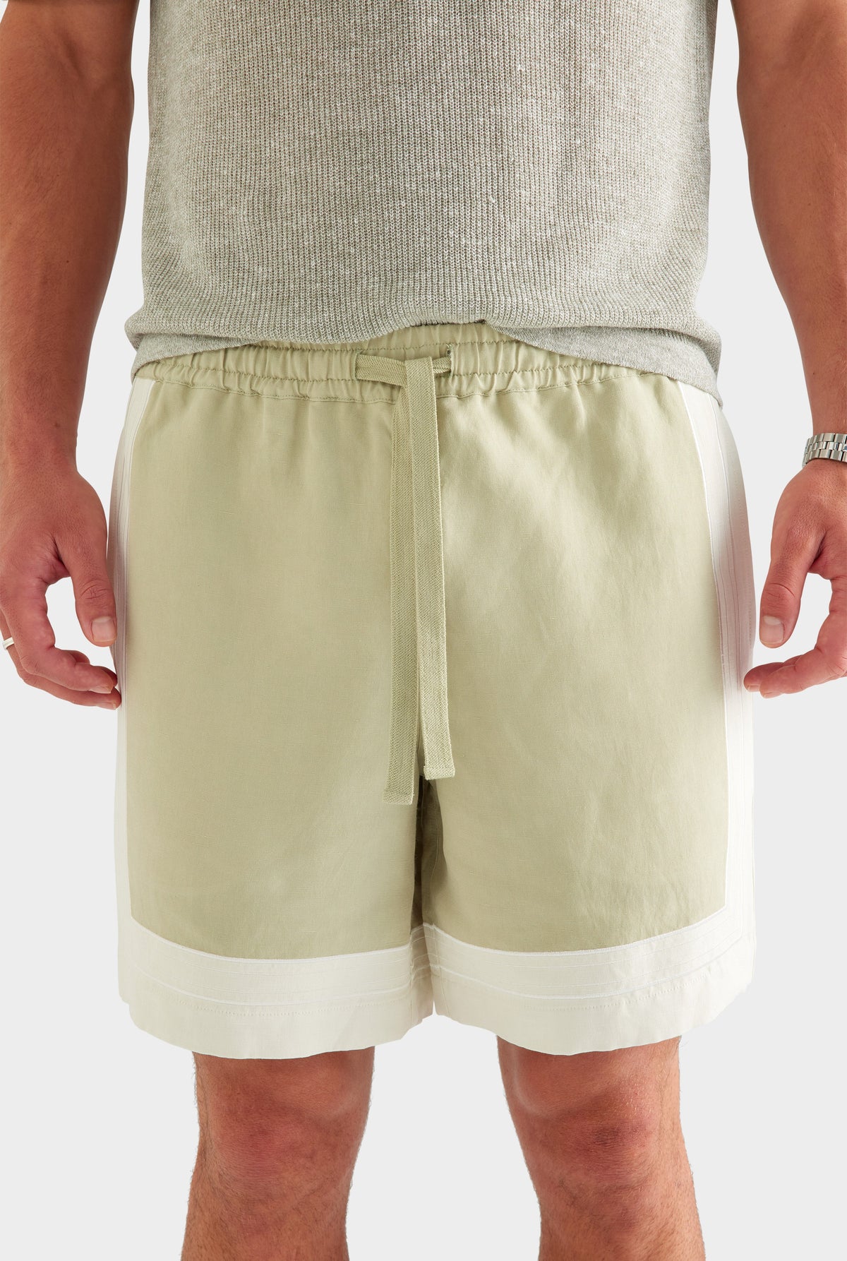 Panelled Applique Border Silk Linen Short - Stone Green/Cream [[AU_MEDIA:gid://shopify/MediaImage/27760450535511]]