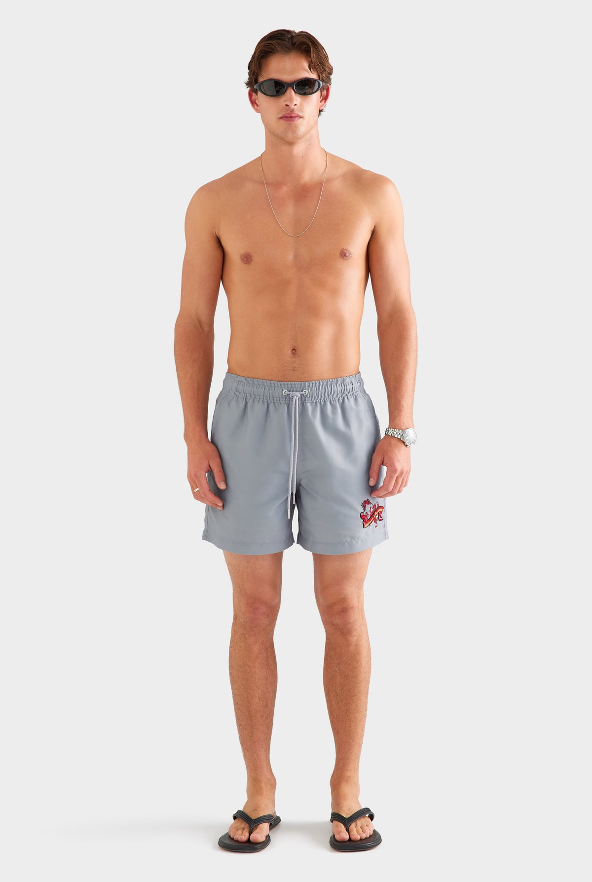 Printed Swim Short - Washed Grey/Barcelona Dragon [[AU_MEDIA:gid://shopify/MediaImage/27759704440919]]