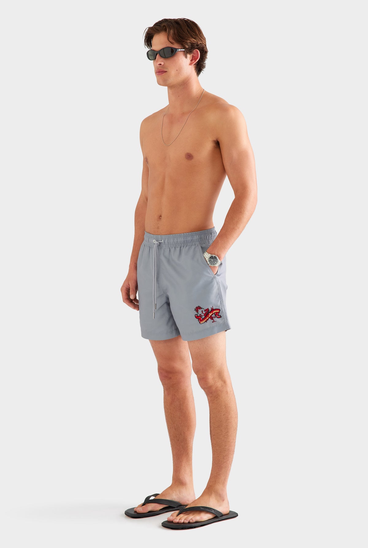 Printed Swim Short - Washed Grey/Barcelona Dragon [[AU_MEDIA:gid://shopify/MediaImage/27759704473687]]