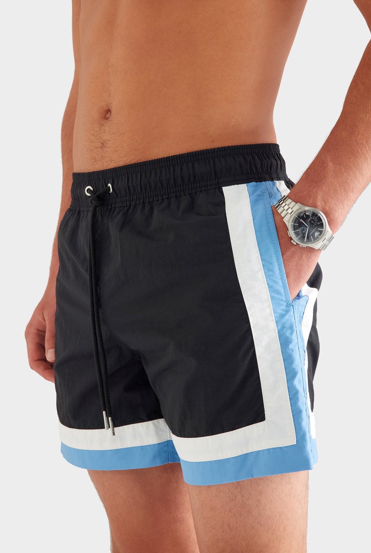 Tri Colour Nylon Swim Short - Black/White/Dusk Blue [[AU_MEDIA:gid://shopify/MediaImage/27759721087063]]