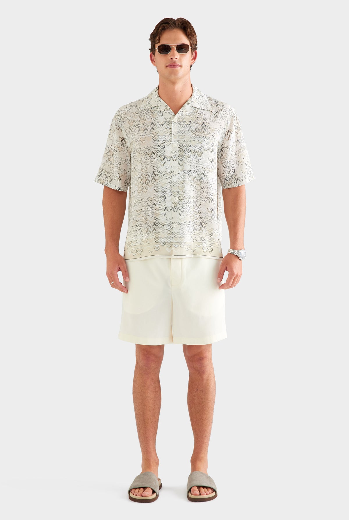 Short Sleeve Silk Camp Collar Shirt - Beige Sketched V Monogram [[AU_MEDIA:gid://shopify/MediaImage/27759739830359]]