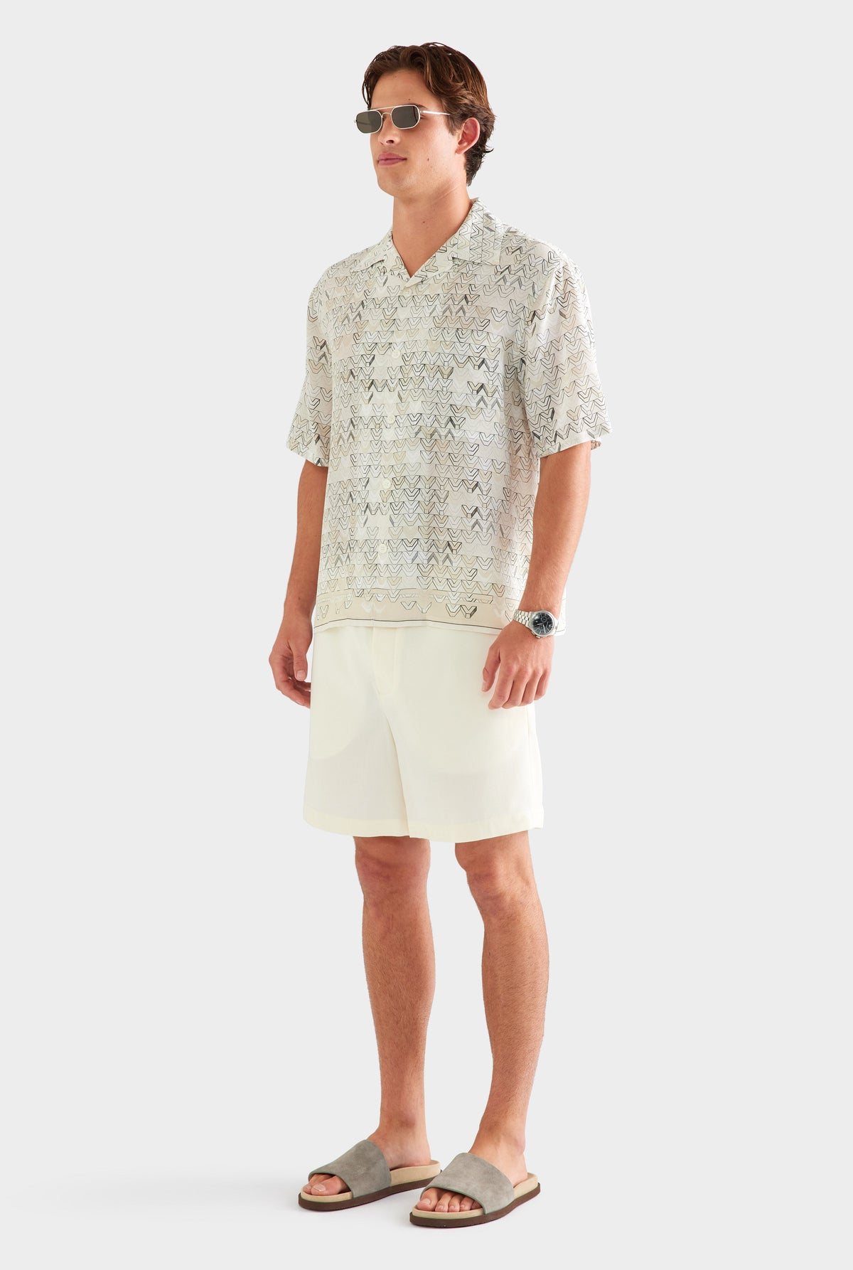 Short Sleeve Silk Camp Collar Shirt - Beige Sketched V Monogram [[AU_MEDIA:gid://shopify/MediaImage/27759739011159]]