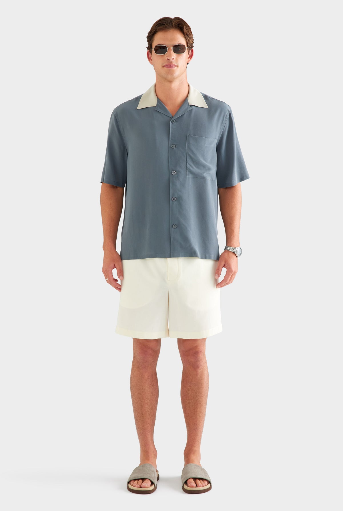 Short Sleeve Silk Camp Collar Shirt - Navy/Stone [[AU_MEDIA:gid://shopify/MediaImage/27759733178455]]