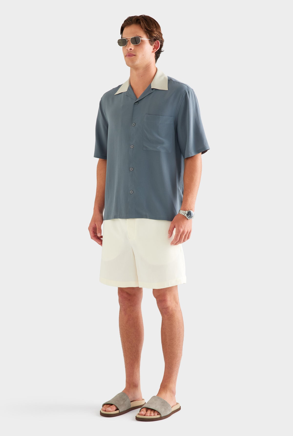 Short Sleeve Silk Camp Collar Shirt - Navy/Stone [[AU_MEDIA:gid://shopify/MediaImage/27759733801047]]