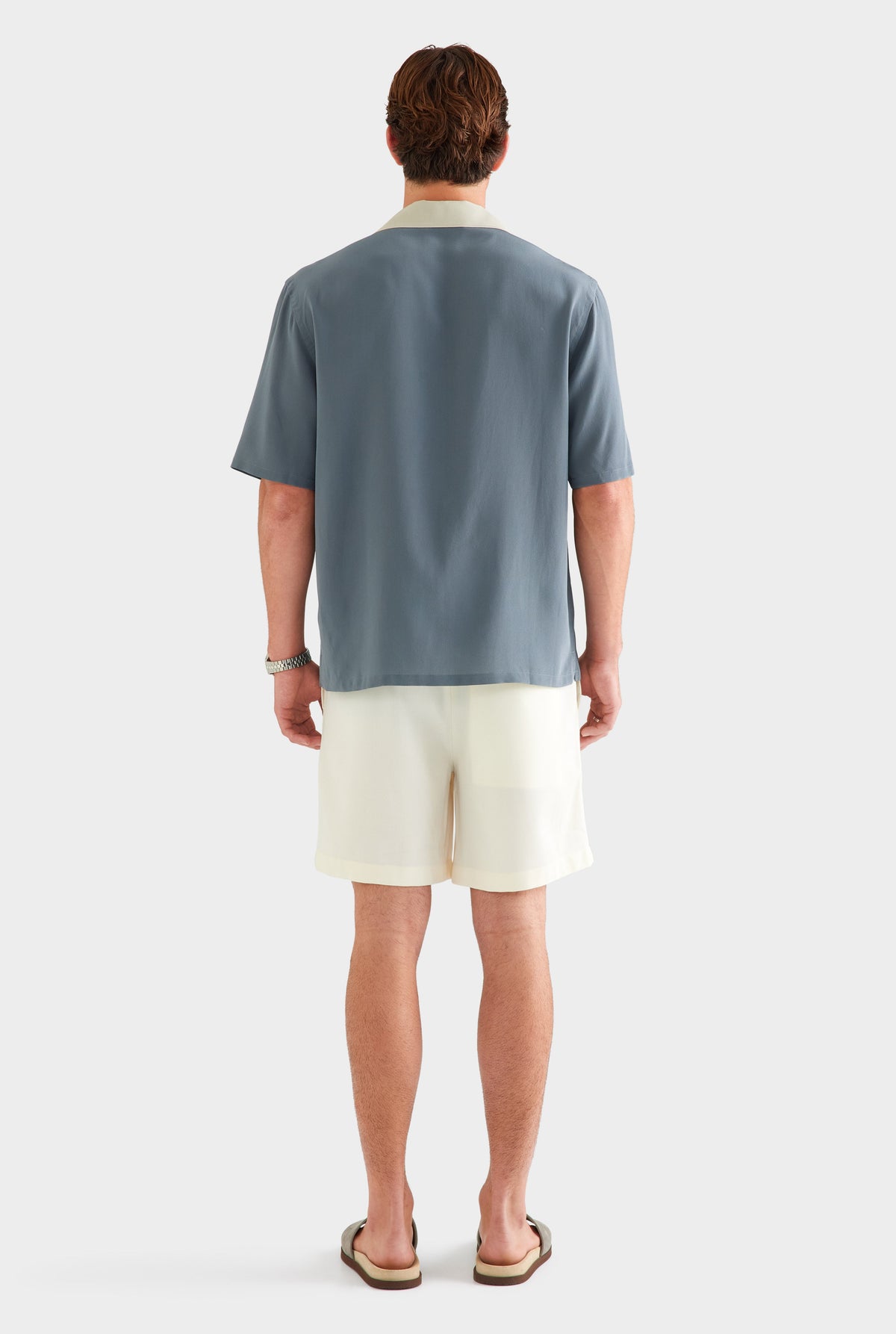Short Sleeve Silk Camp Collar Shirt - Navy/Stone [[AU_MEDIA:gid://shopify/MediaImage/27759732686935]]