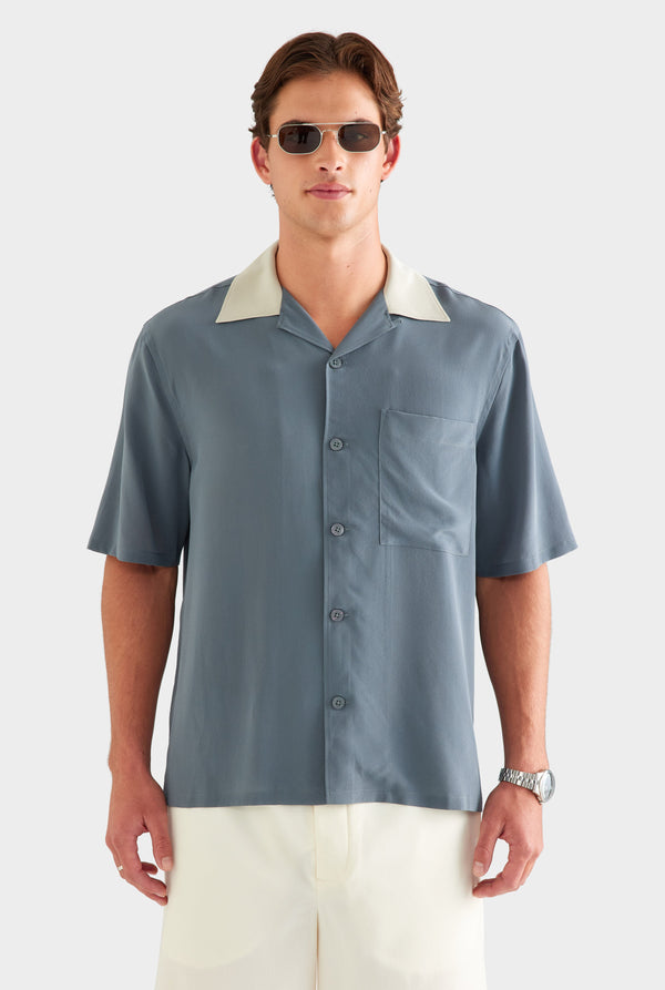 Short Sleeve Silk Camp Collar Shirt - Navy/Stone [[AU_MEDIA:gid://shopify/MediaImage/27759731900503]]