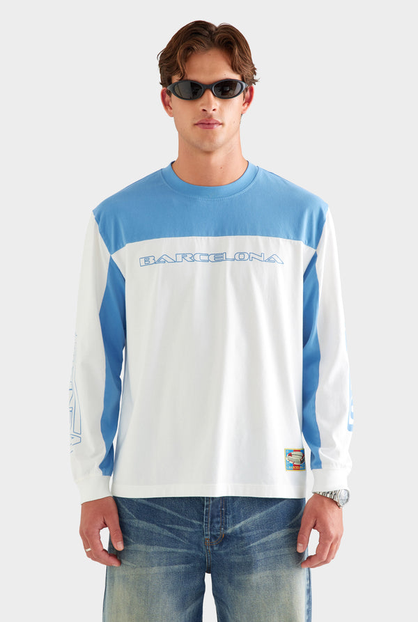 Panelled Long Sleeve T Shirt - White/Blue [[AU_MEDIA:gid://shopify/MediaImage/27759743074391]]