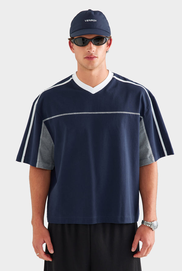 Panelled V Neck T Shirt - Navy/Grey Marl/White [[AU_MEDIA:gid://shopify/MediaImage/27759750643799]]