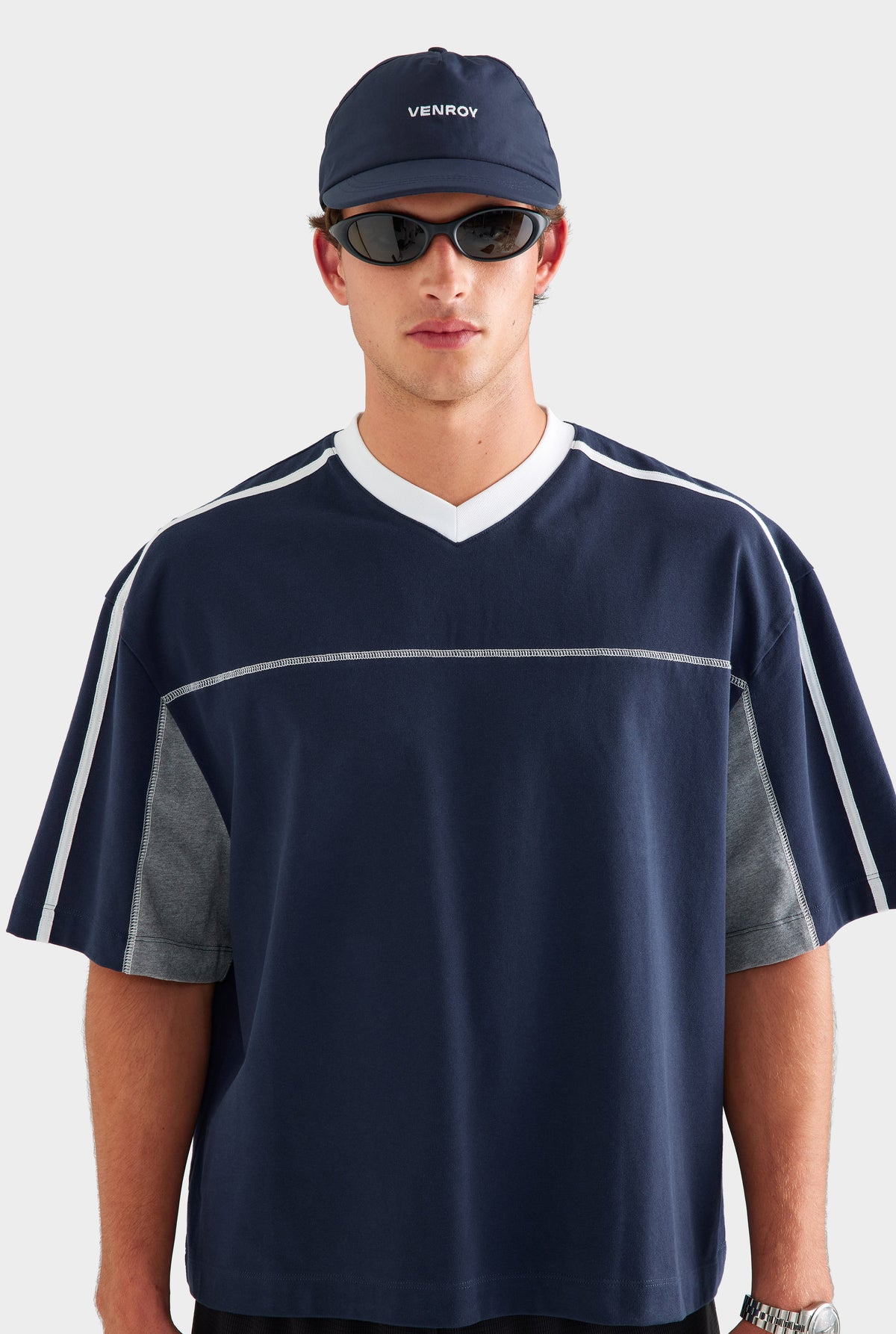 Panelled V Neck T Shirt - Navy/Grey Marl/White [[AU_MEDIA:gid://shopify/MediaImage/27759752151127]]