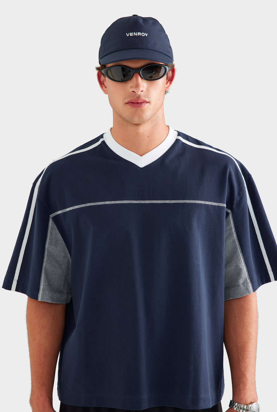 Panelled V Neck T Shirt - Navy/Grey Marl/White [[AU_MEDIA:gid://shopify/MediaImage/27759752151127]]