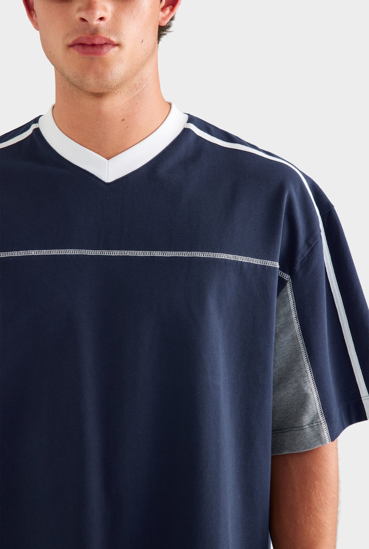 Panelled V Neck T Shirt - Navy/Grey Marl/White [[AU_MEDIA:gid://shopify/MediaImage/27759755165783]]