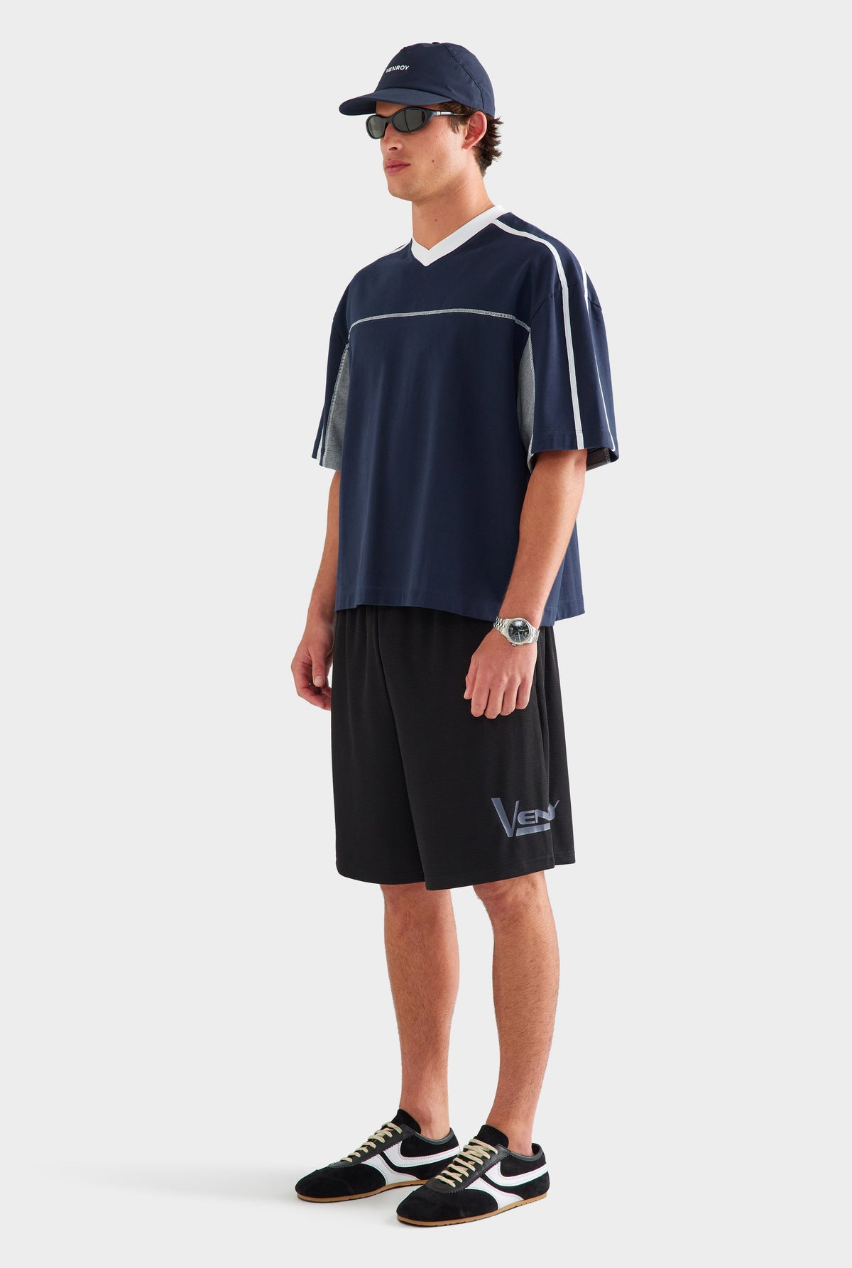 Panelled V Neck T Shirt - Navy/Grey Marl/White [[AU_MEDIA:gid://shopify/MediaImage/27759753658455]]