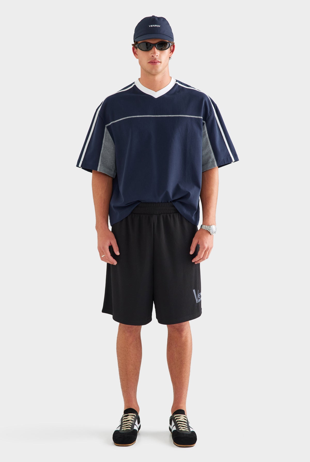 Panelled V Neck T Shirt - Navy/Grey Marl/White [[AU_MEDIA:gid://shopify/MediaImage/27759751594071]]