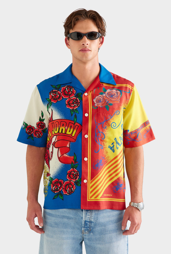 Short Sleeve Wool Silk Camp Collar Shirt - Diada de Sant Jordi [[AU_MEDIA:gid://shopify/MediaImage/27759758344279]]