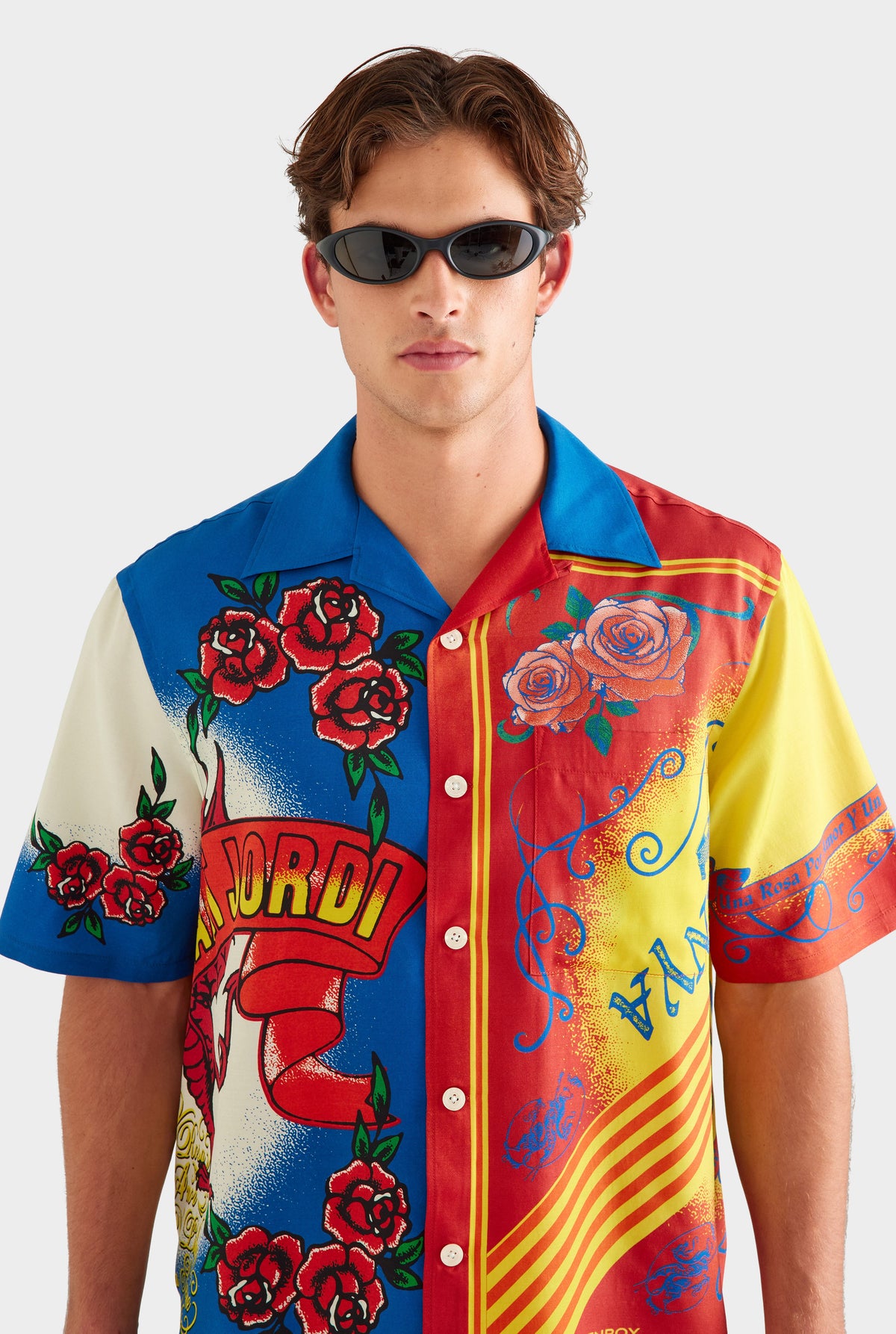 Short Sleeve Wool Silk Camp Collar Shirt - Diada de Sant Jordi [[AU_MEDIA:gid://shopify/MediaImage/27759758409815]]
