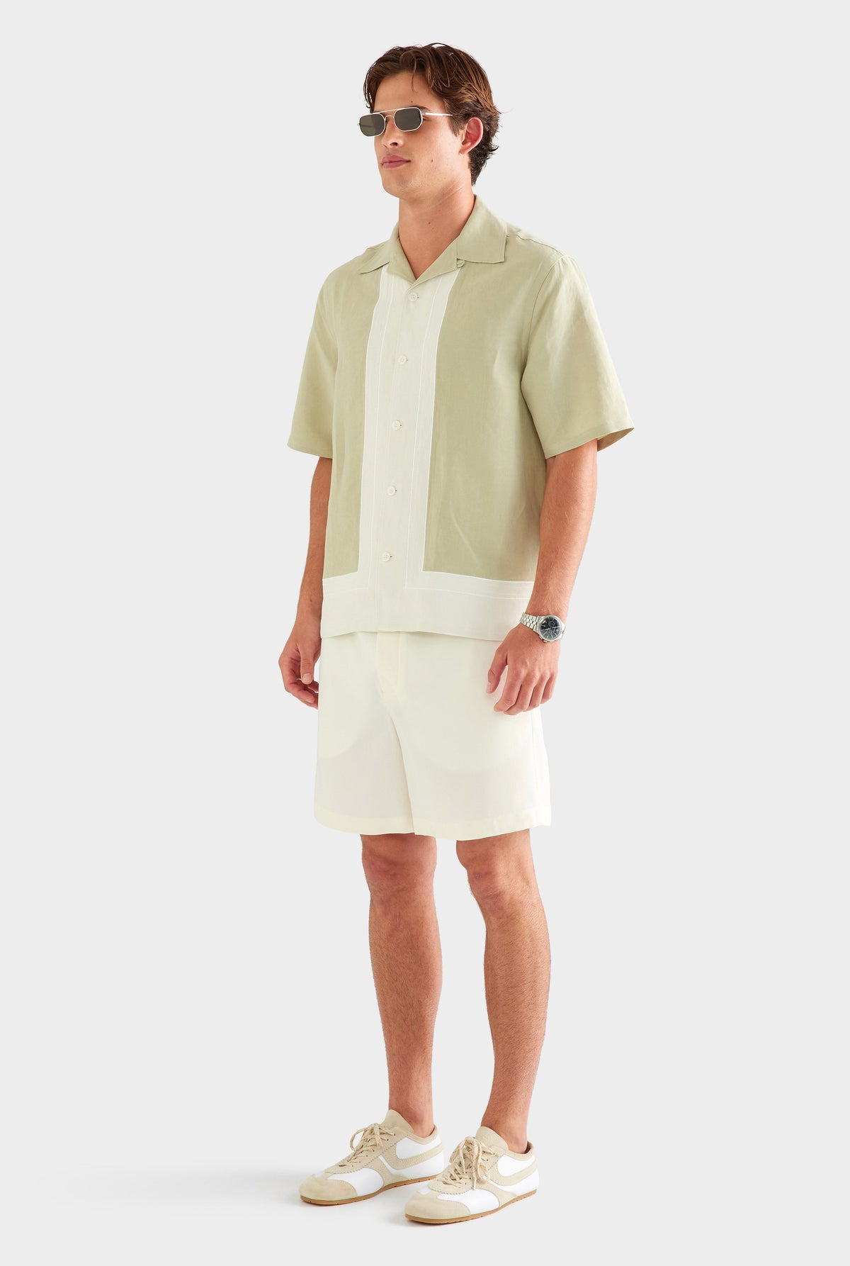 Applique Border Silk Linen Shirt - Stone Green/Cream [[AU_MEDIA:gid://shopify/MediaImage/27759764209751]]