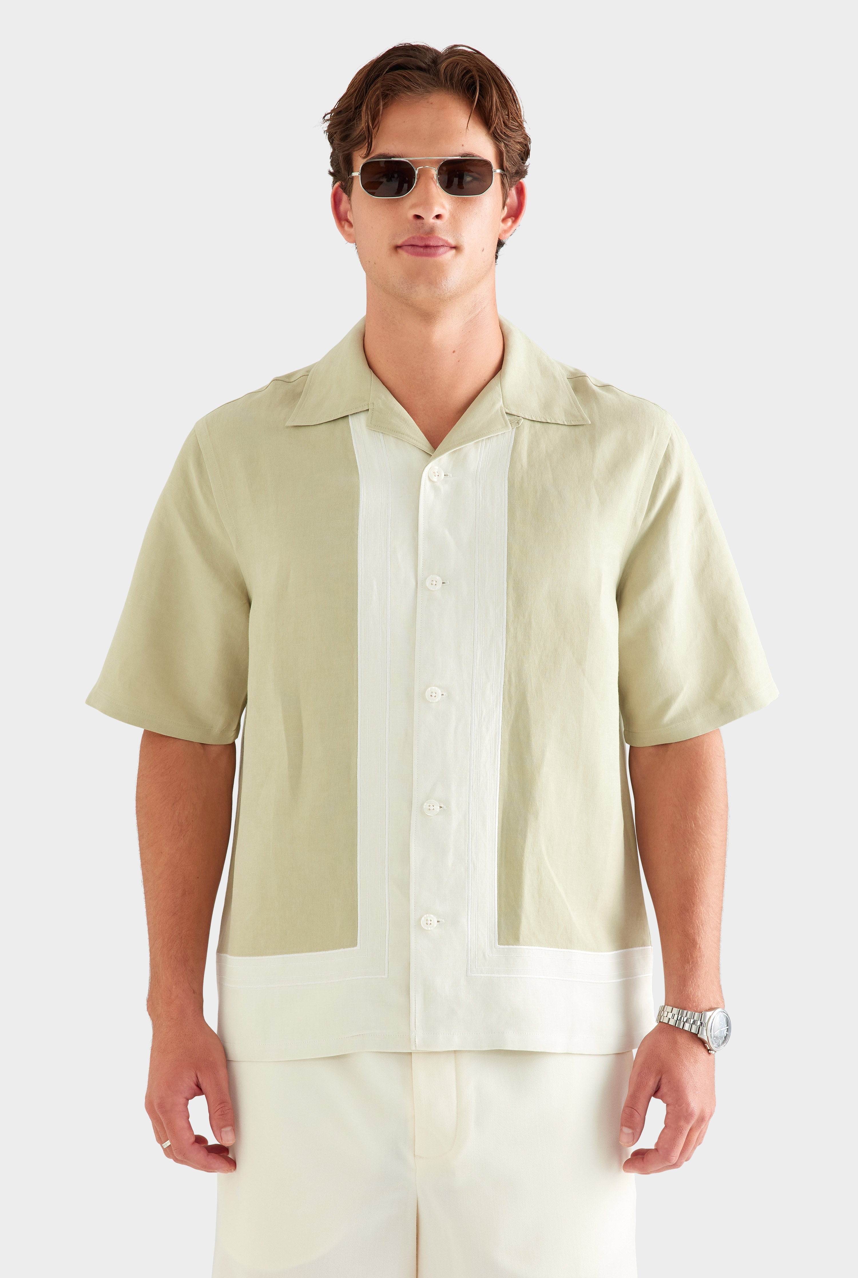 Applique Border Silk Linen Shirt - Stone Green/Cream [[AU_MEDIA:gid://shopify/MediaImage/27759764635735]]