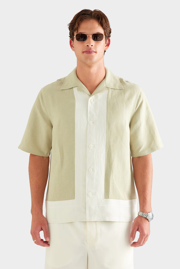 Applique Border Silk Linen Shirt - Stone Green/Cream [[AU_MEDIA:gid://shopify/MediaImage/27759764635735]]