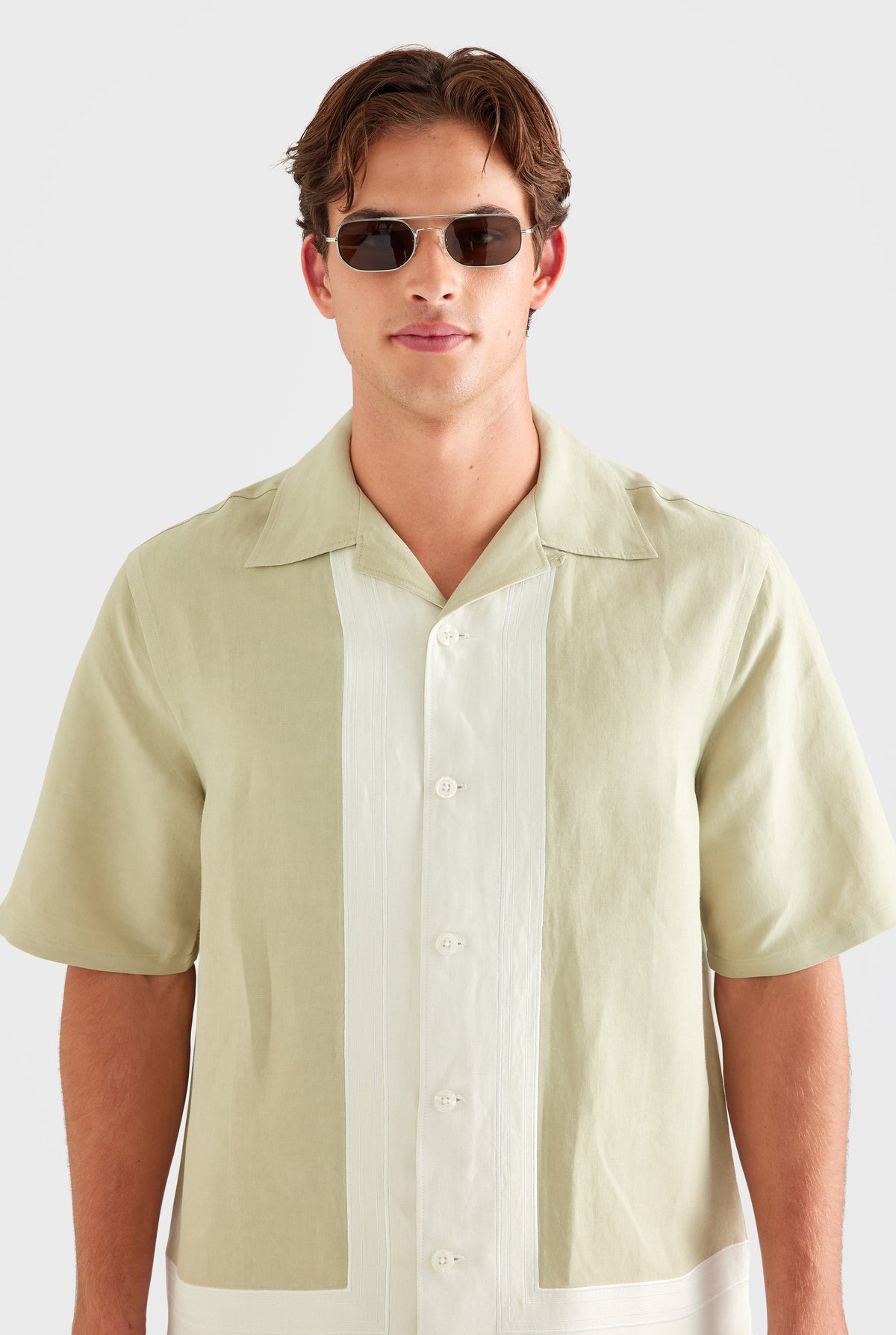 Applique Border Silk Linen Shirt - Stone Green/Cream [[AU_MEDIA:gid://shopify/MediaImage/27759765291095]]